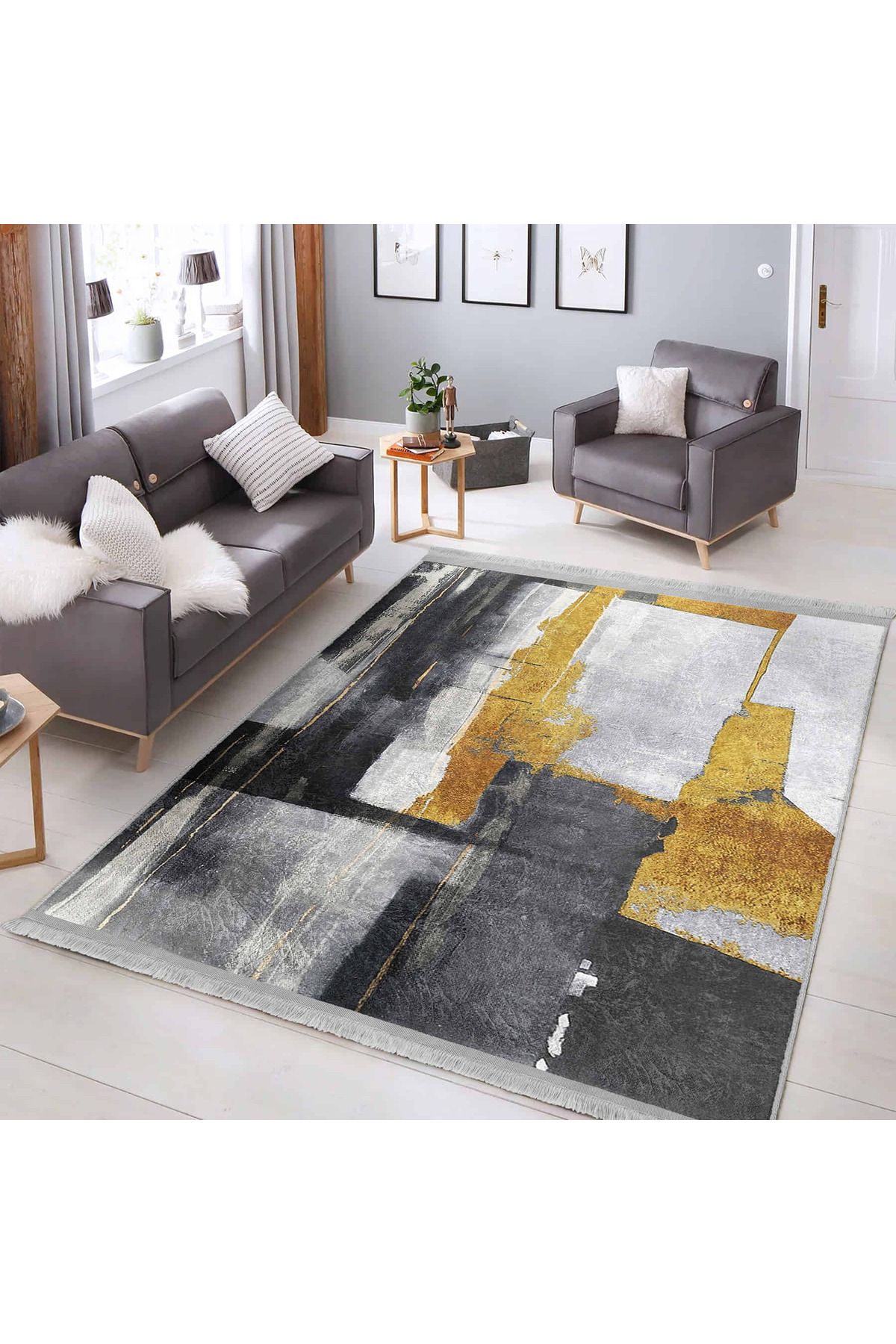 Realhomes Modern Soyut Desenli Makinede Yıkanabilir Kaymaz Taban Salon Halısı