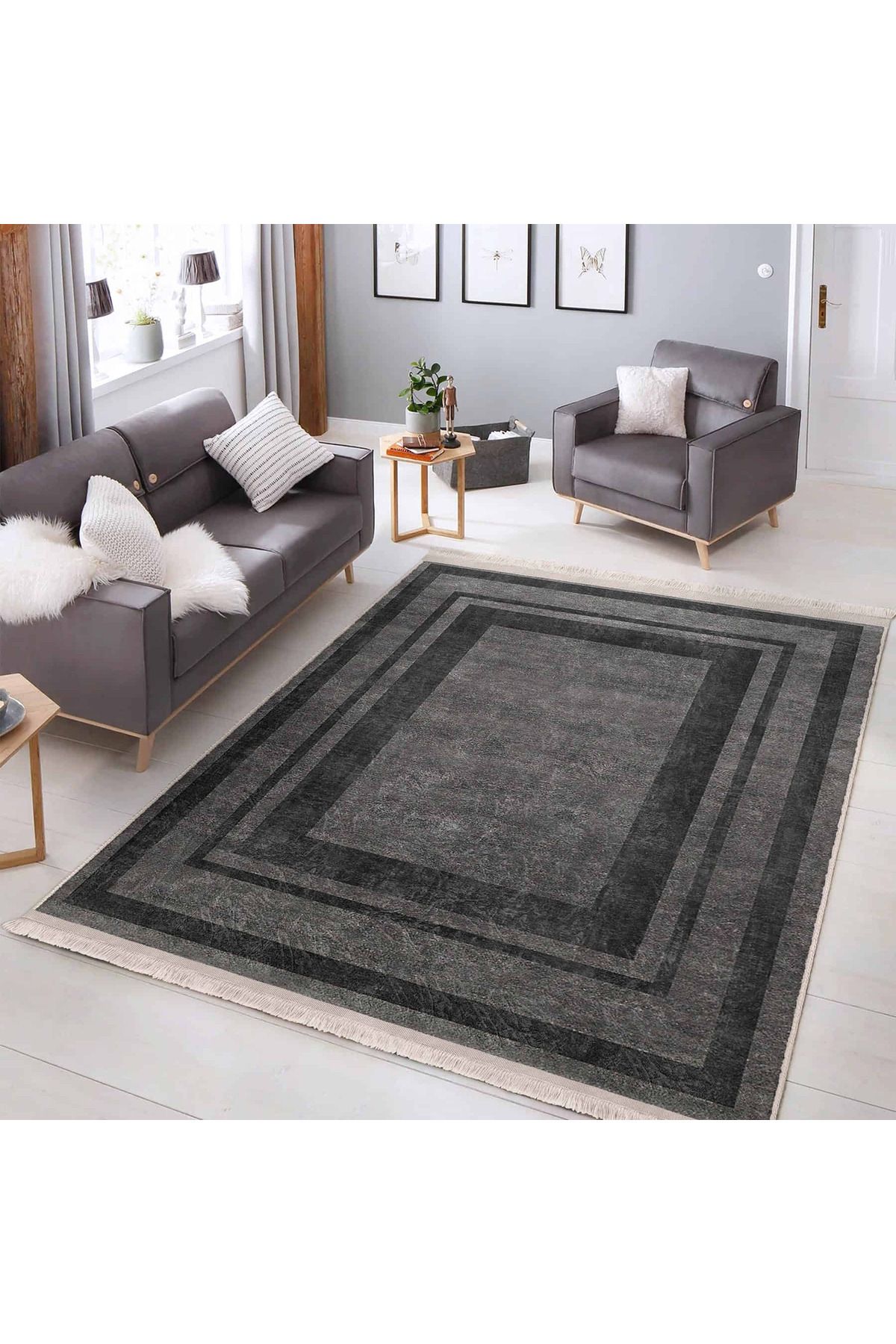 Realhomes Gri – Siyah Geometrik Çerçeve Desenli Makinede Yıkanabilir Kaymaz Taban Salon Halısı