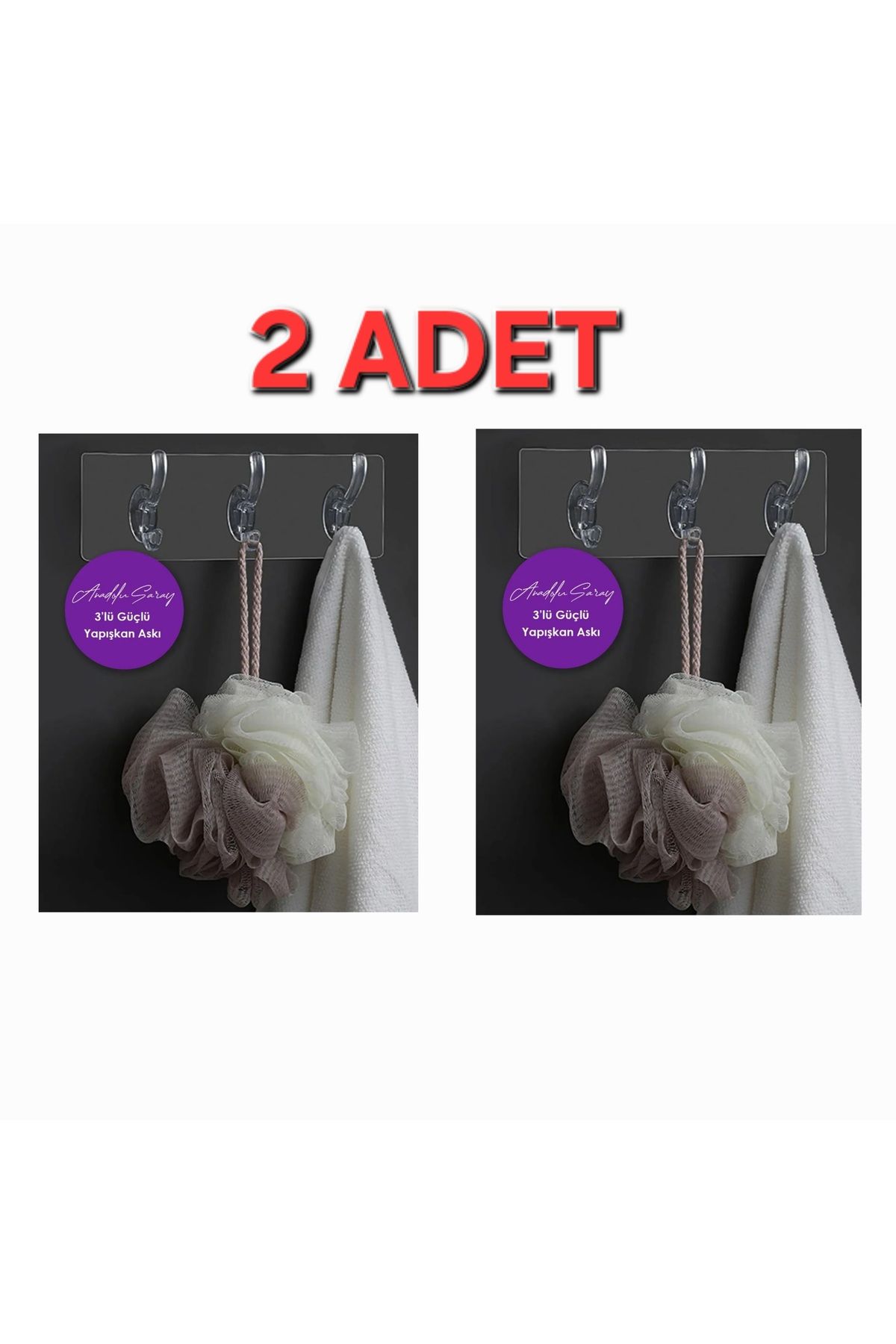 ASPARTAM 2 Adet 3'lü Şeffaf Güçlü Kendinden Yapışkanlı Kapı Duvar Askısı 3'lü Kancalı Askı