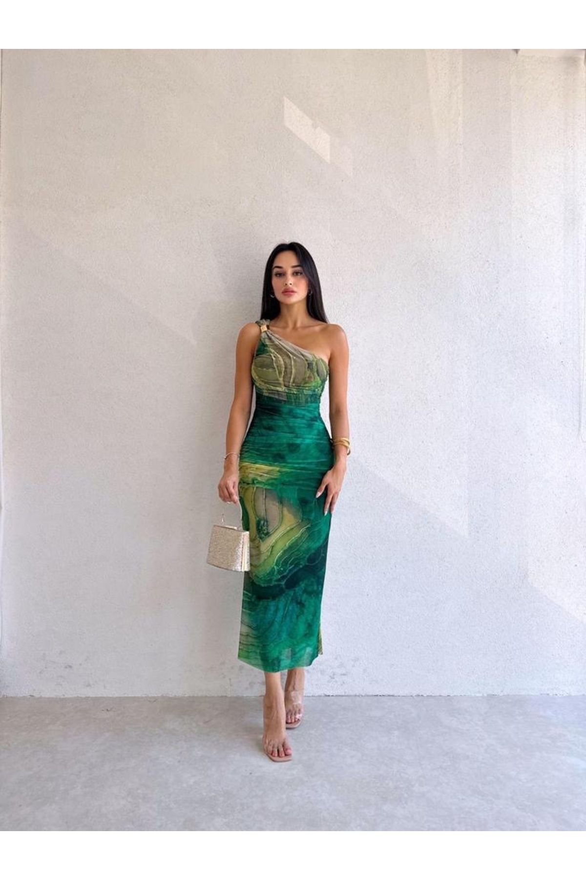KOSHKA MODA Yeşil Desen Gold Tokali Tek Kol Tül Midi Boy Elbise