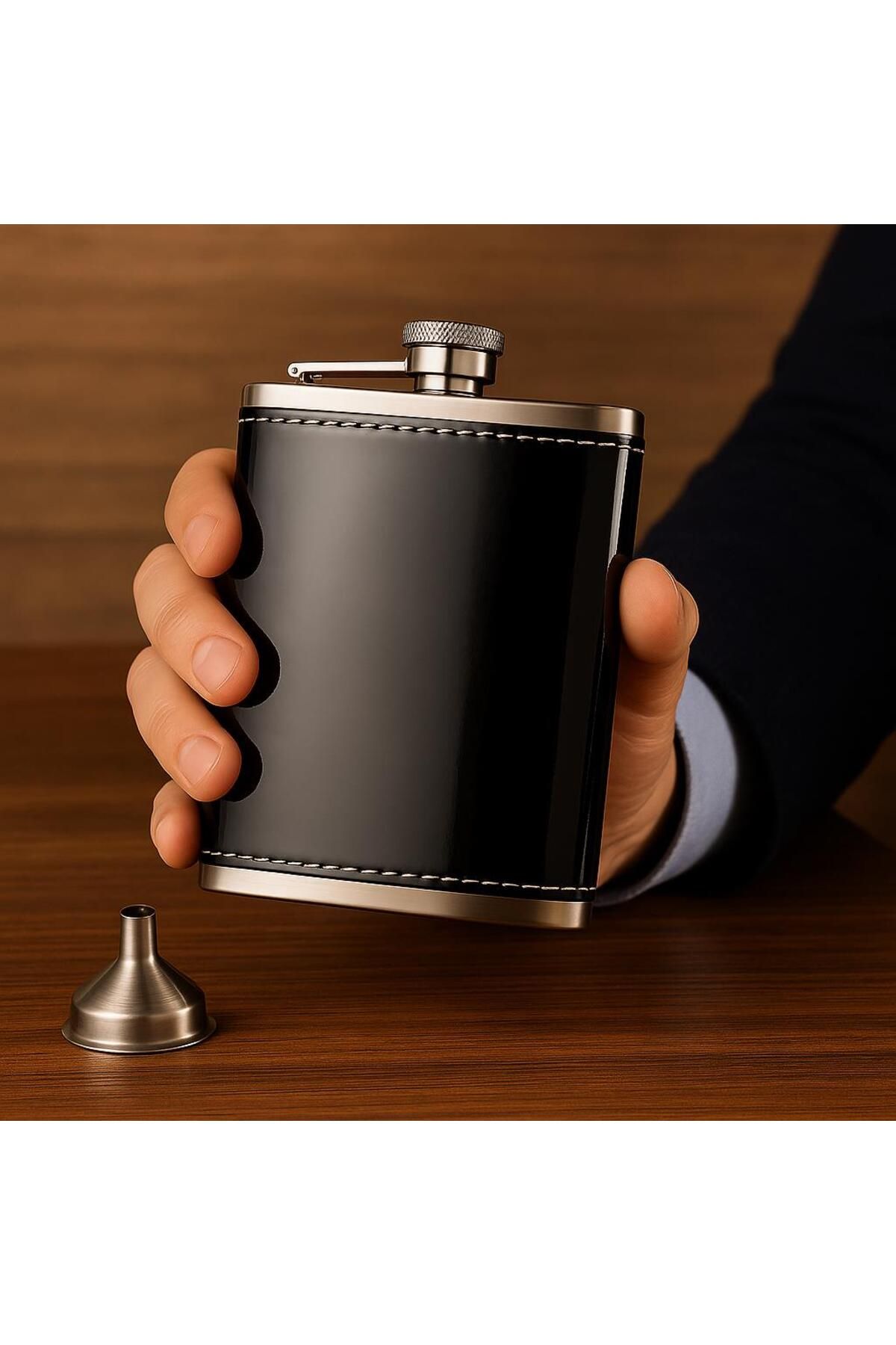 PERLOTUS 8 Oz 235 cc Hunili Siyah Rugan Hakiki Deri Kılıflı Çelik Viski İçki Matarası