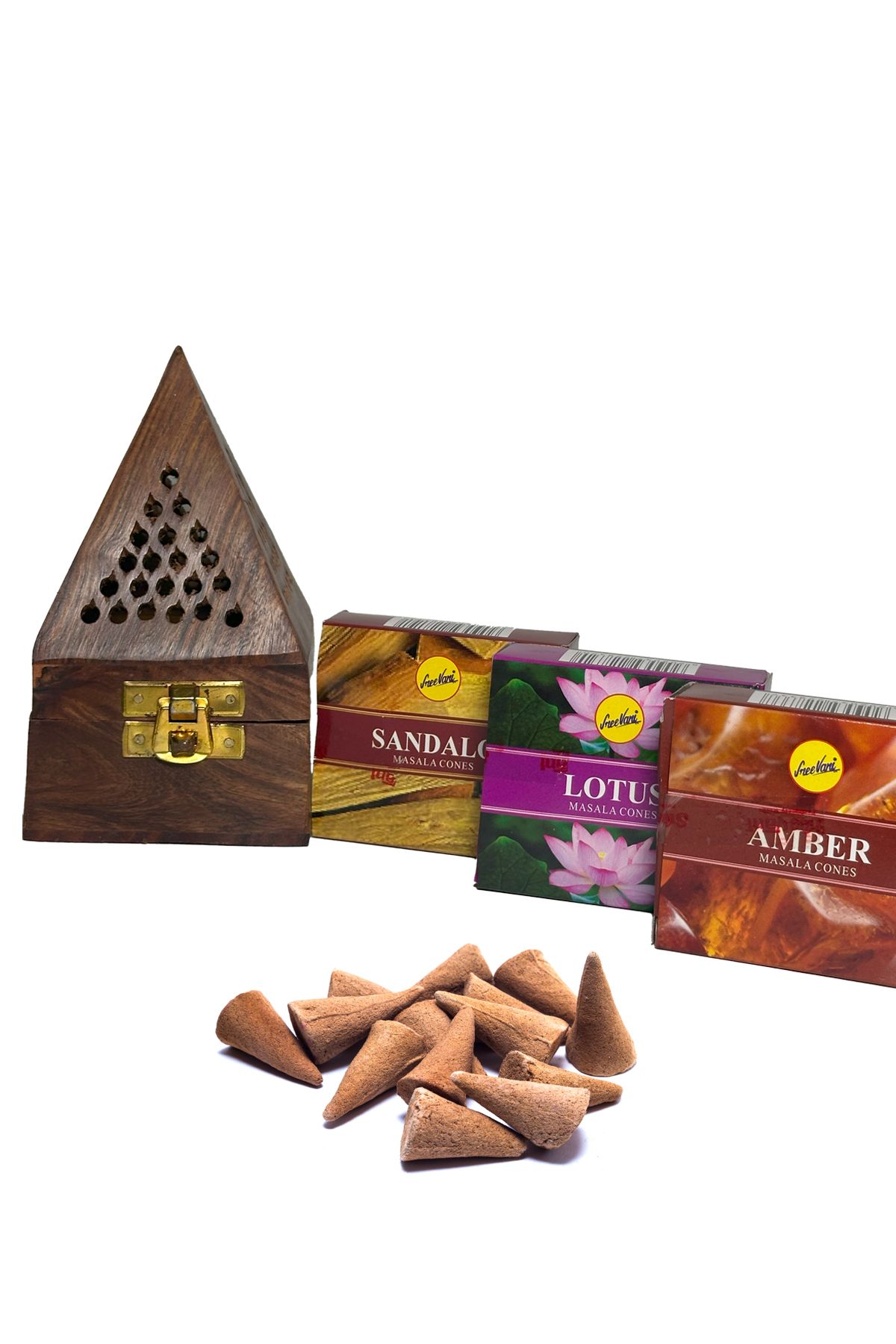 Asafora Hediyelik Ahşap Piramit Konik Tütsülük 3 Paket Sandal,Lotus,Amber Kokulu Tonik Tütsü