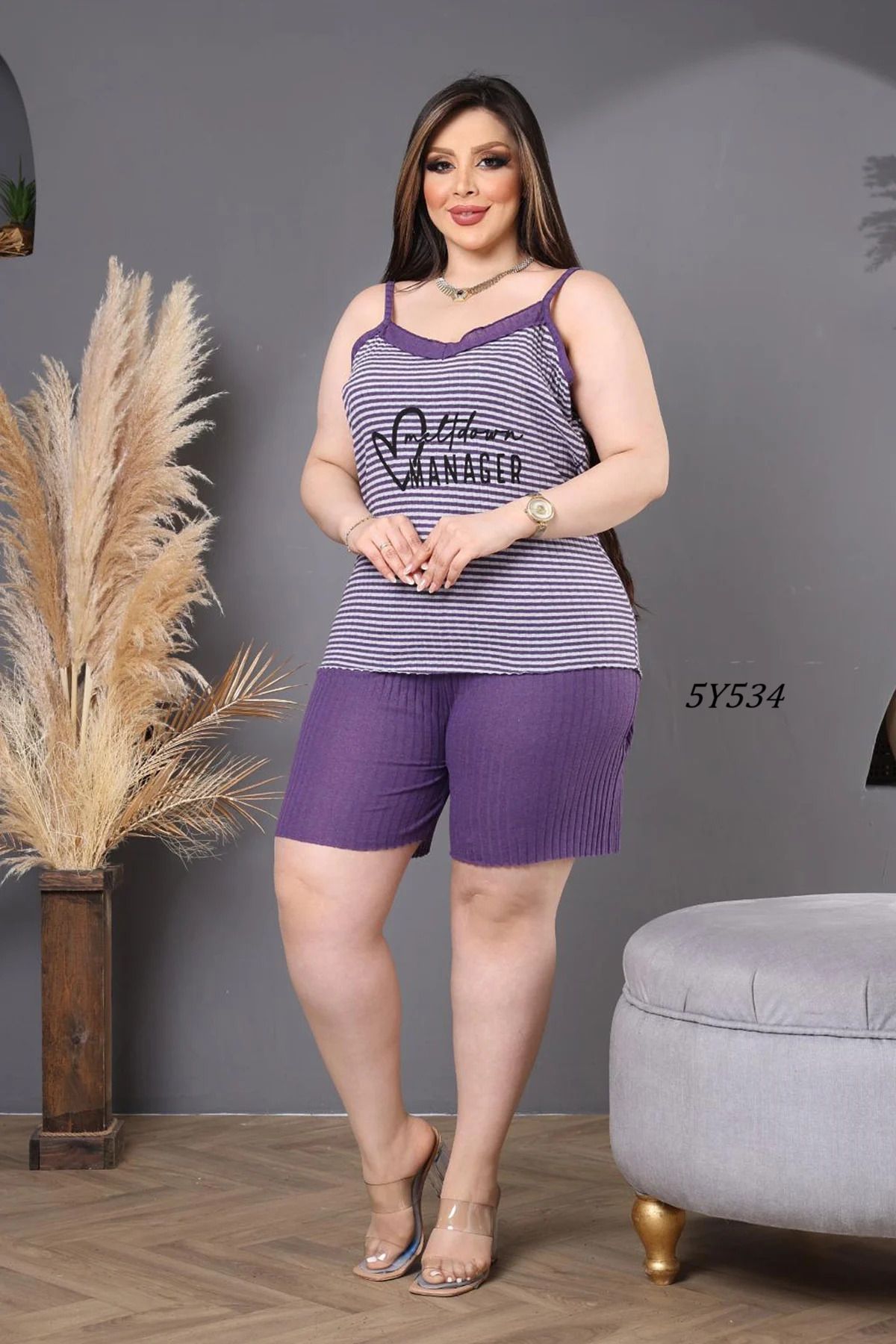 Remon Büyük Beden Çizgili Şortlu Pijama Takımı 5Y534