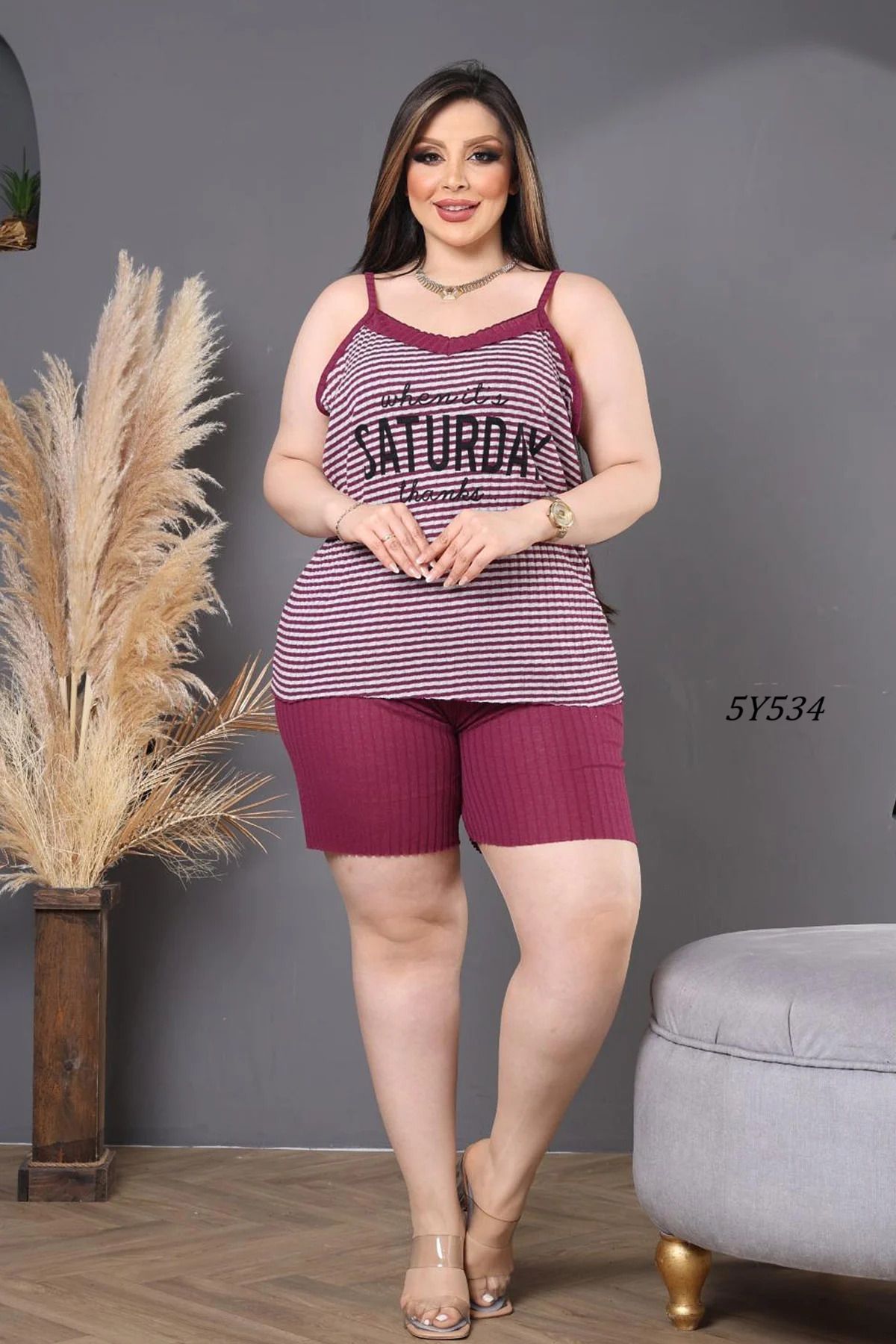 Remon Büyük Beden Çizgili Şortlu Pijama Takımı 5Y534