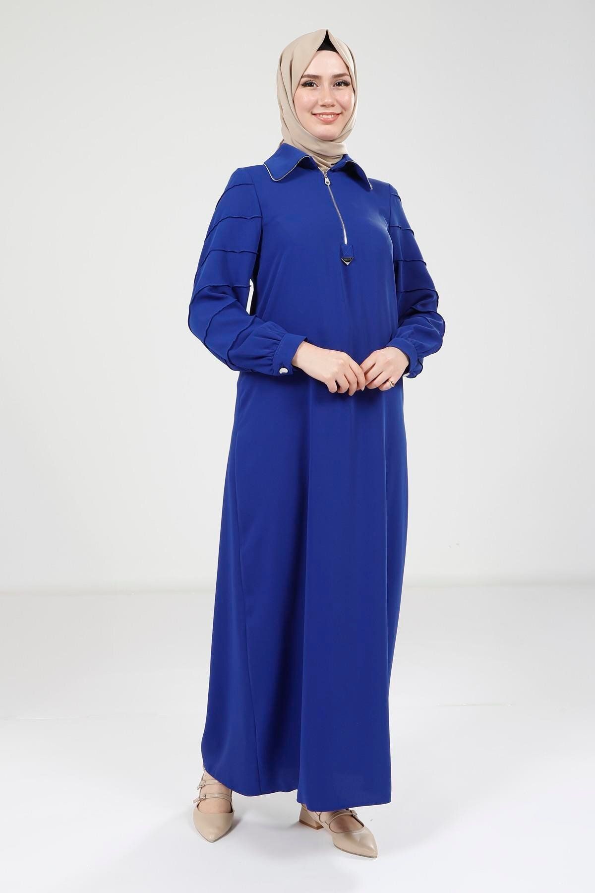 Beyza Fermuarlı Saks Mavisi Elbise 9379