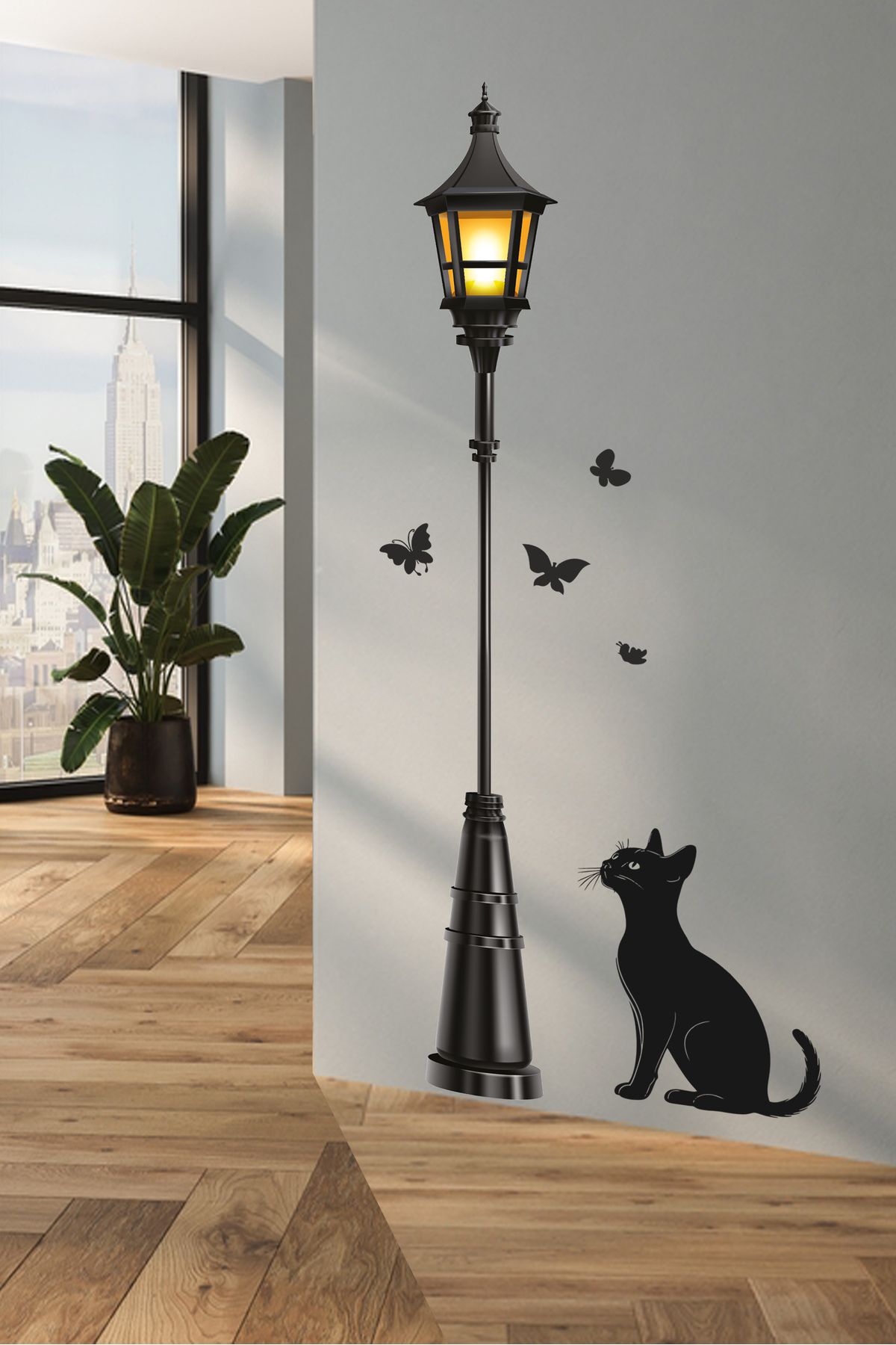 Sticker Sepetim Sokak Lambası Bakan Kedi ve Kelebekler II Dekotaratif Duvar Sticker