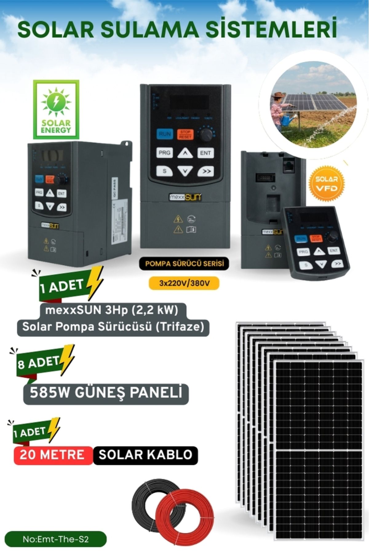 TNL SOLAR GÜNEŞ ENERJİ SULAMA SİSTEMİ MEXSUNN 3HP 2.2 KW TRİFAZE SOLAR POMPA SÜRÜCÜSÜ 585 W GÜNEŞ PANELİ