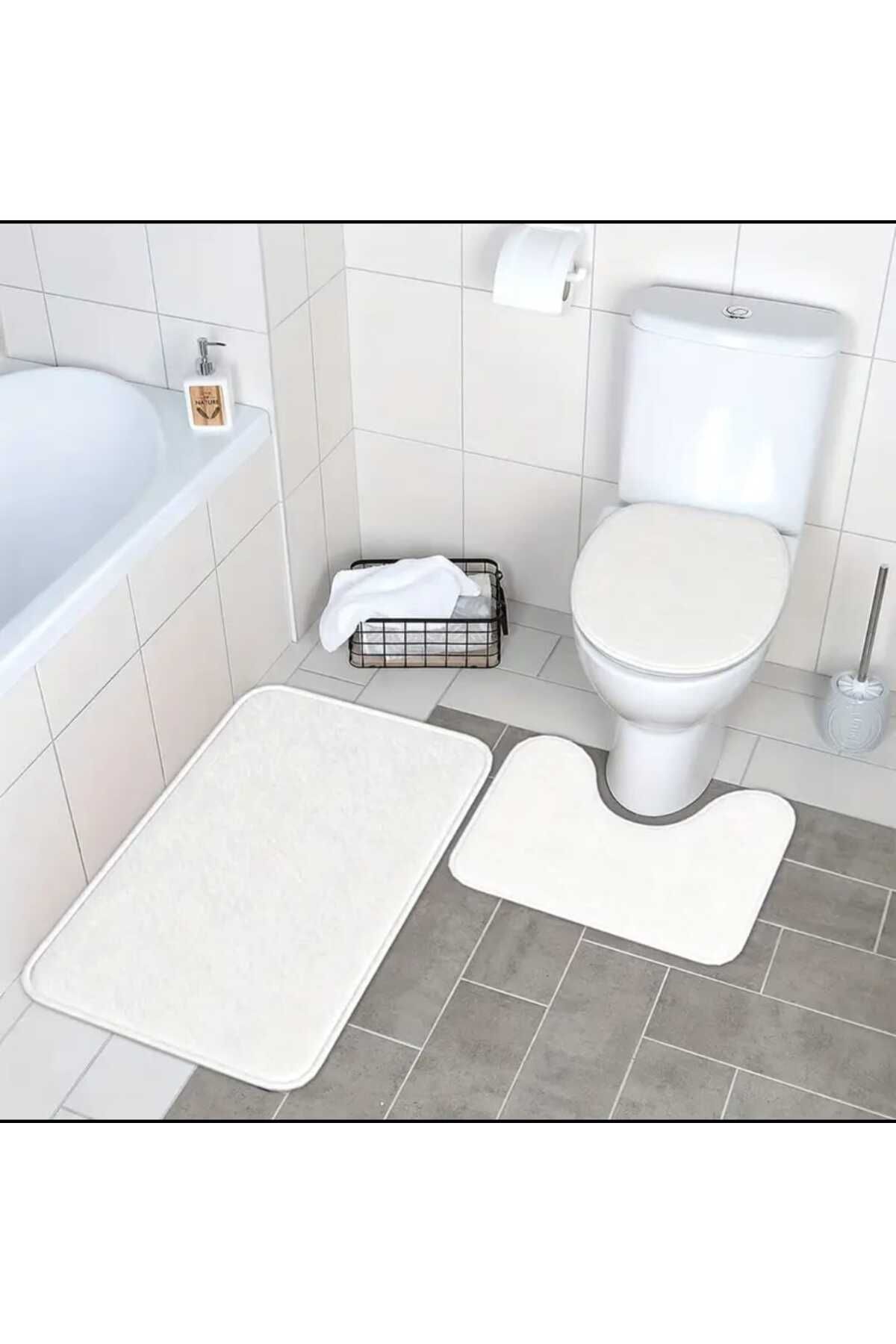 BEĞENDİ HOME Beyaz Banyo Halısı Kaymaz Taban 3 Lü Post Klozet Takımı 60x100 36x45 50x53