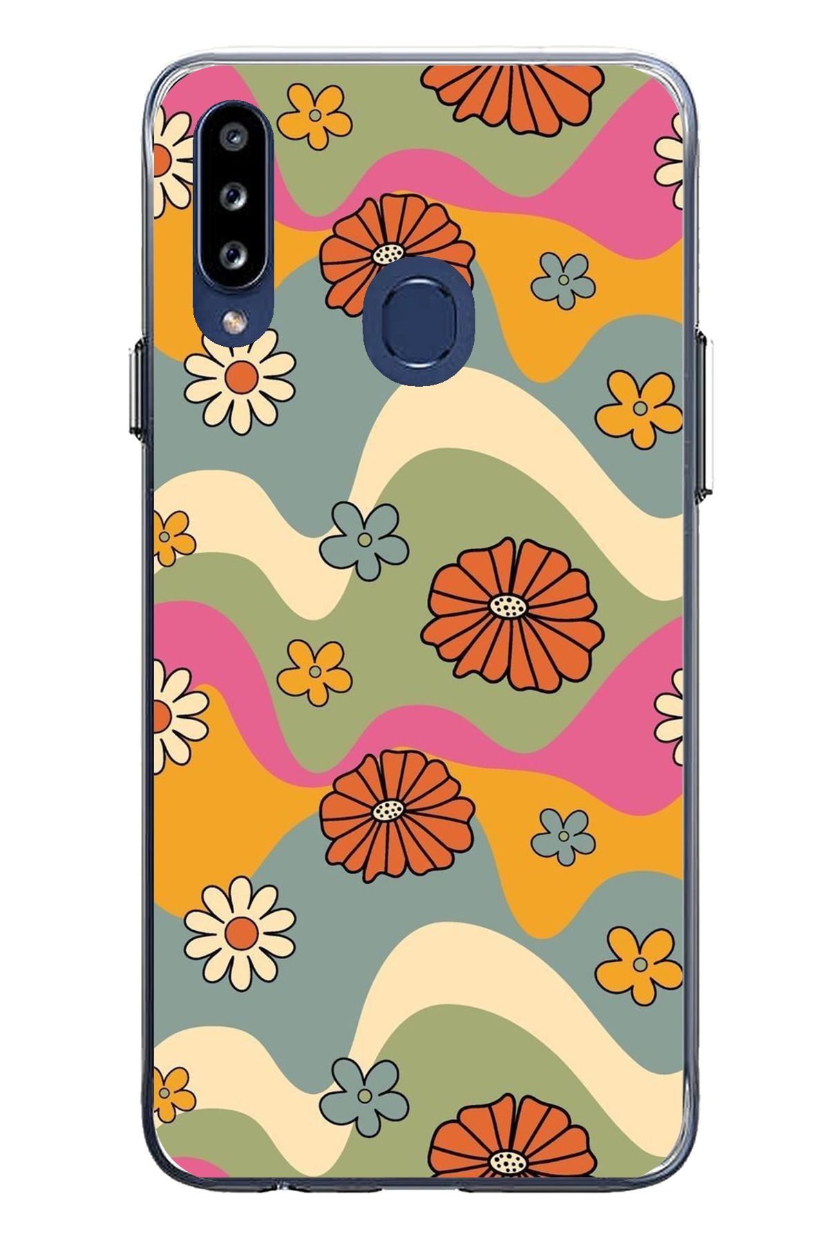 TechTree Samsung Galaxy A20S Uyumlu Renkli Retro Çiçekler Tasarımlı Şeffaf Silikon Kılıf