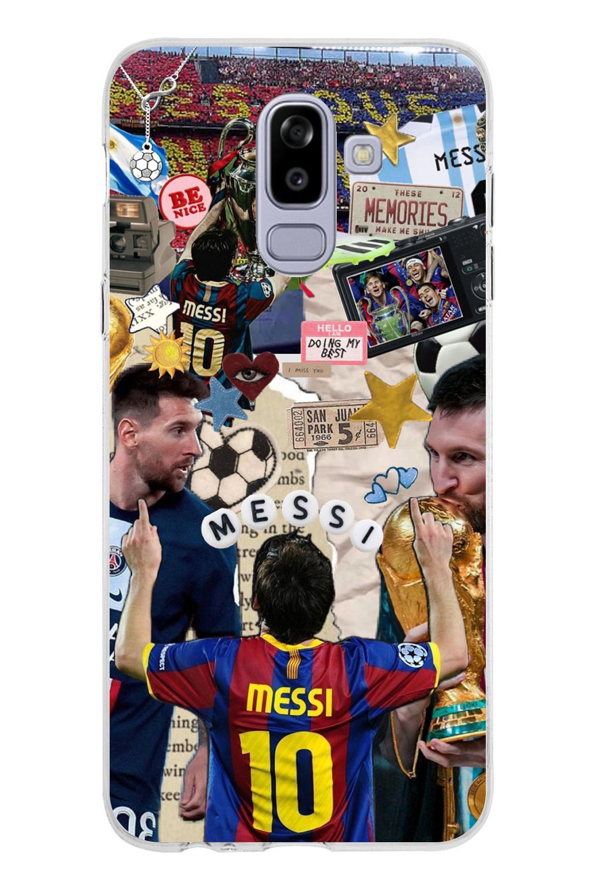 TechTree Samsung Galaxy J8 - A6 PLUS Uyumlu Messi Çıkartmalar Şeffaf Silikon Kılıf