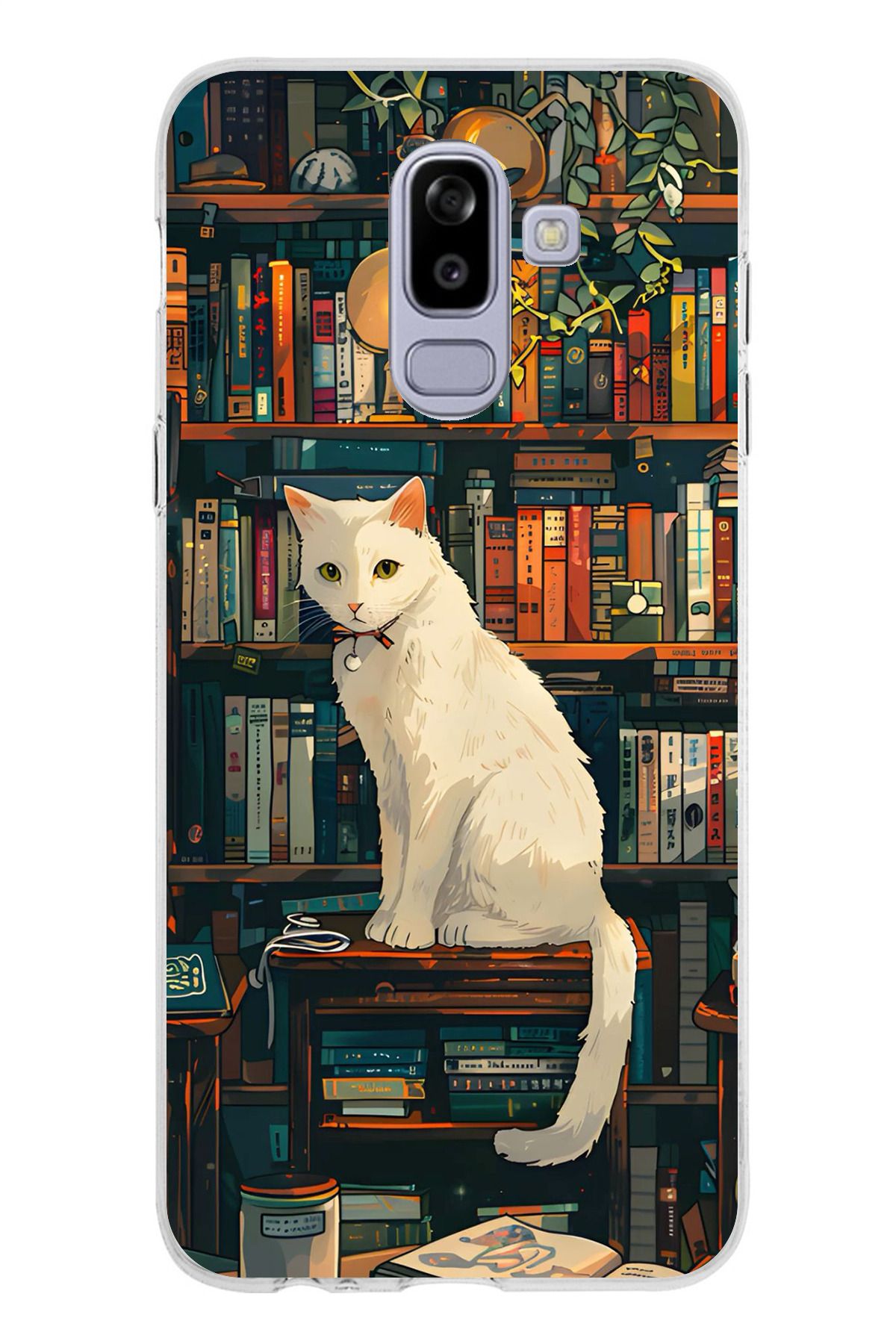 TechTree Samsung Galaxy J8 - A6 PLUS Uyumlu Kitaplık Beyaz Kedi Tasarımlı Şeffaf Silikon Kılıf