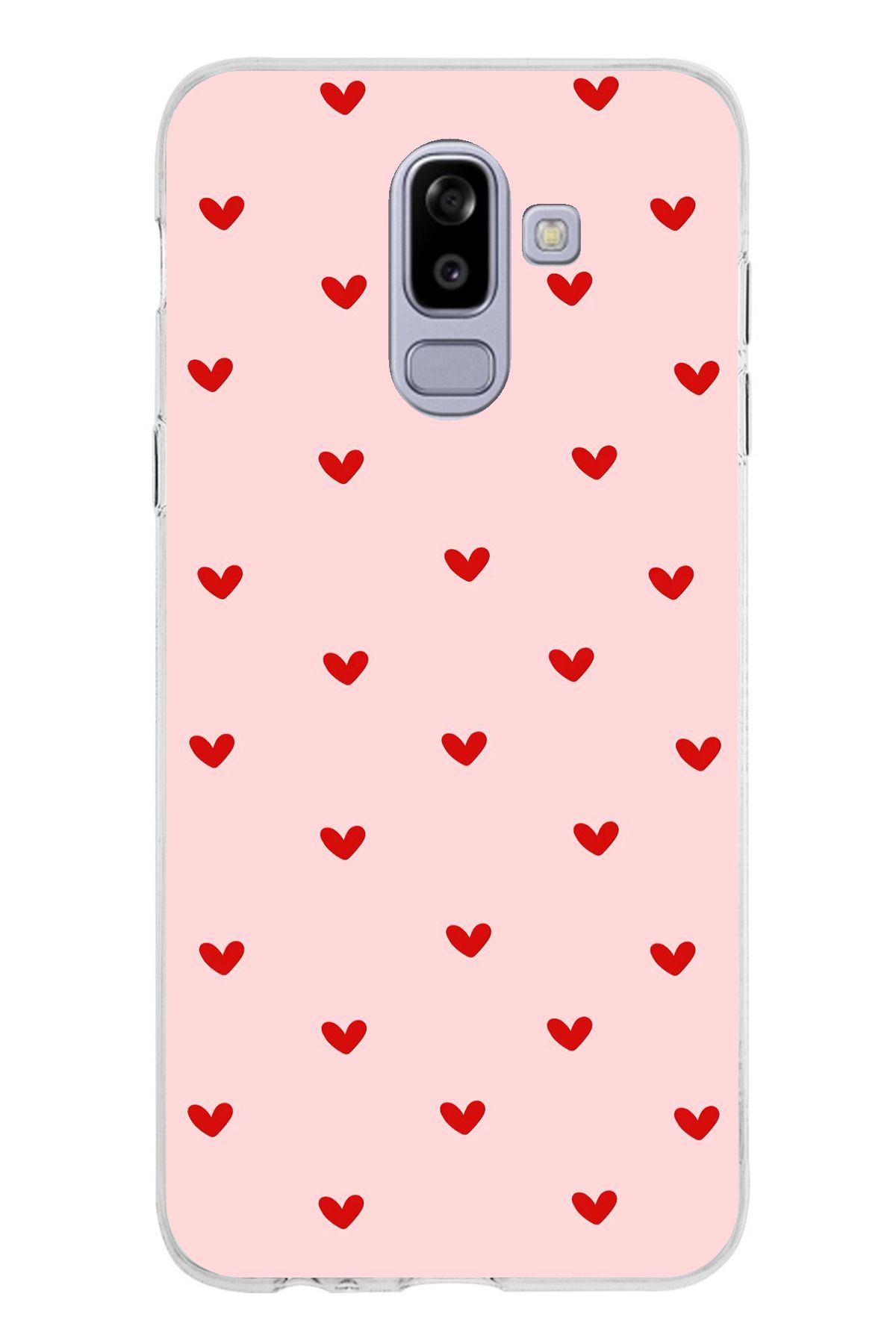 TechTree Samsung Galaxy J8 - A6 PLUS Uyumlu Kırmızı Minik Kalpler Şeffaf Silikon Kılıf