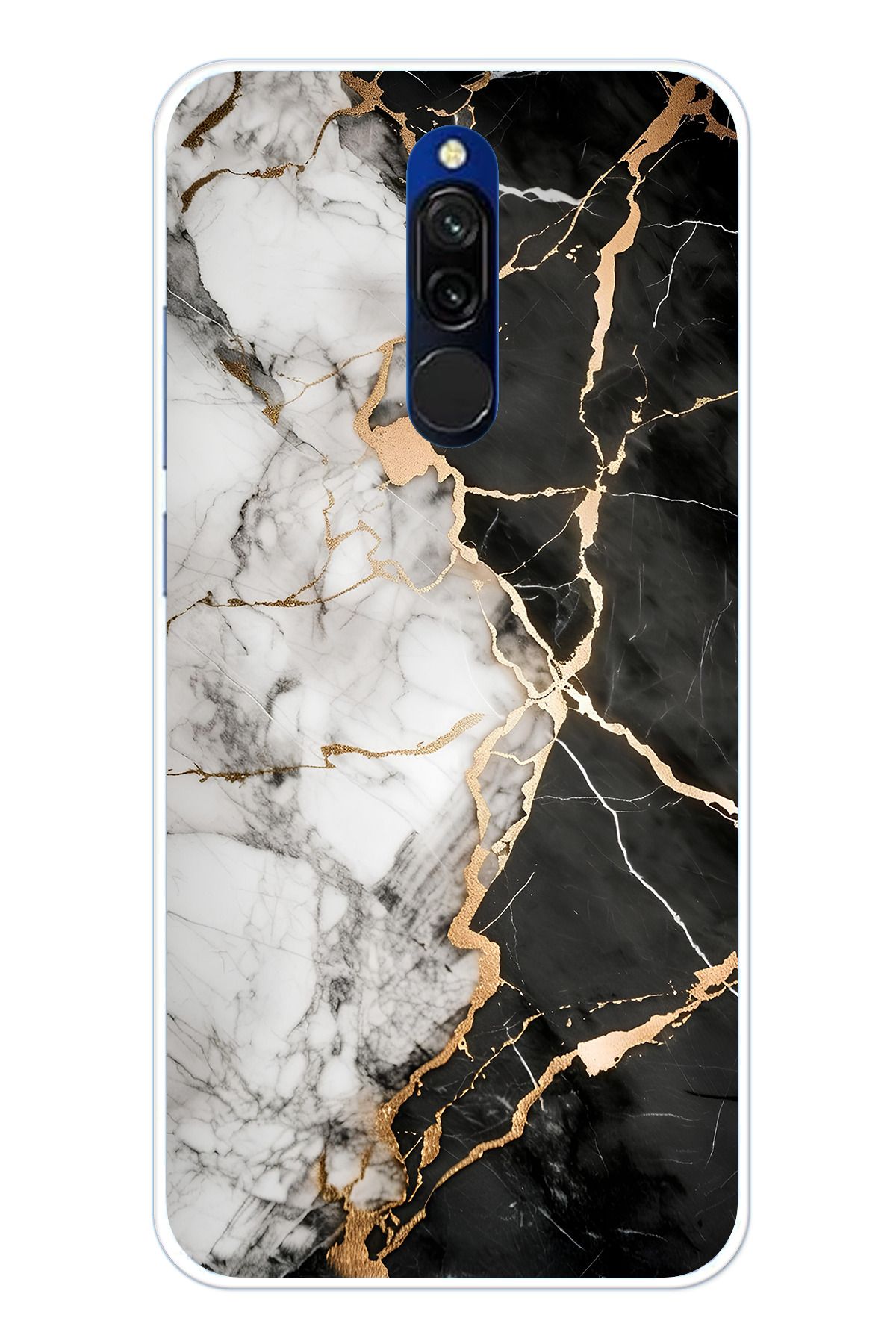 TechTree Redmi 8 Uyumlu Siyah Beyaz Mermer Şeffaf Silikon Kılıf