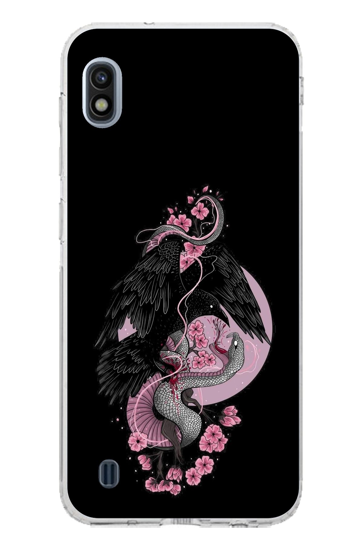 TechTree Samsung Galaxy A10 Uyumlu Pembe Siyah Yılan Şeffaf Silikon Kılıf