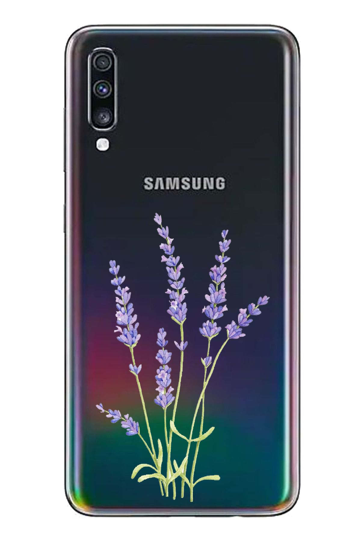 TechTree Samsung Galaxy A70 Uyumlu Lavanta Çiçek Tasarımlı Şeffaf Silikon Kılıf