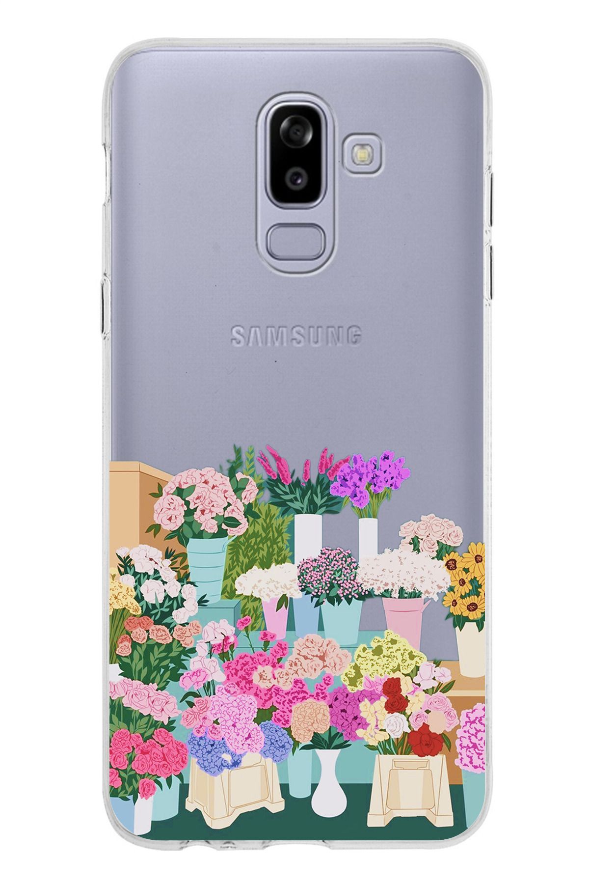TechTree Samsung Galaxy J8 - A6 PLUS Uyumlu Vazoda Çiçekler Tasarımlı Şeffaf Silikon Kılıf