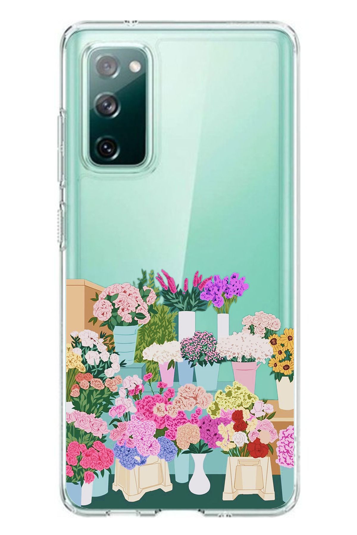 TechTree Samsung Galaxy S20 FE Uyumlu Vazoda Çiçekler Tasarımlı Şeffaf Silikon Kılıf