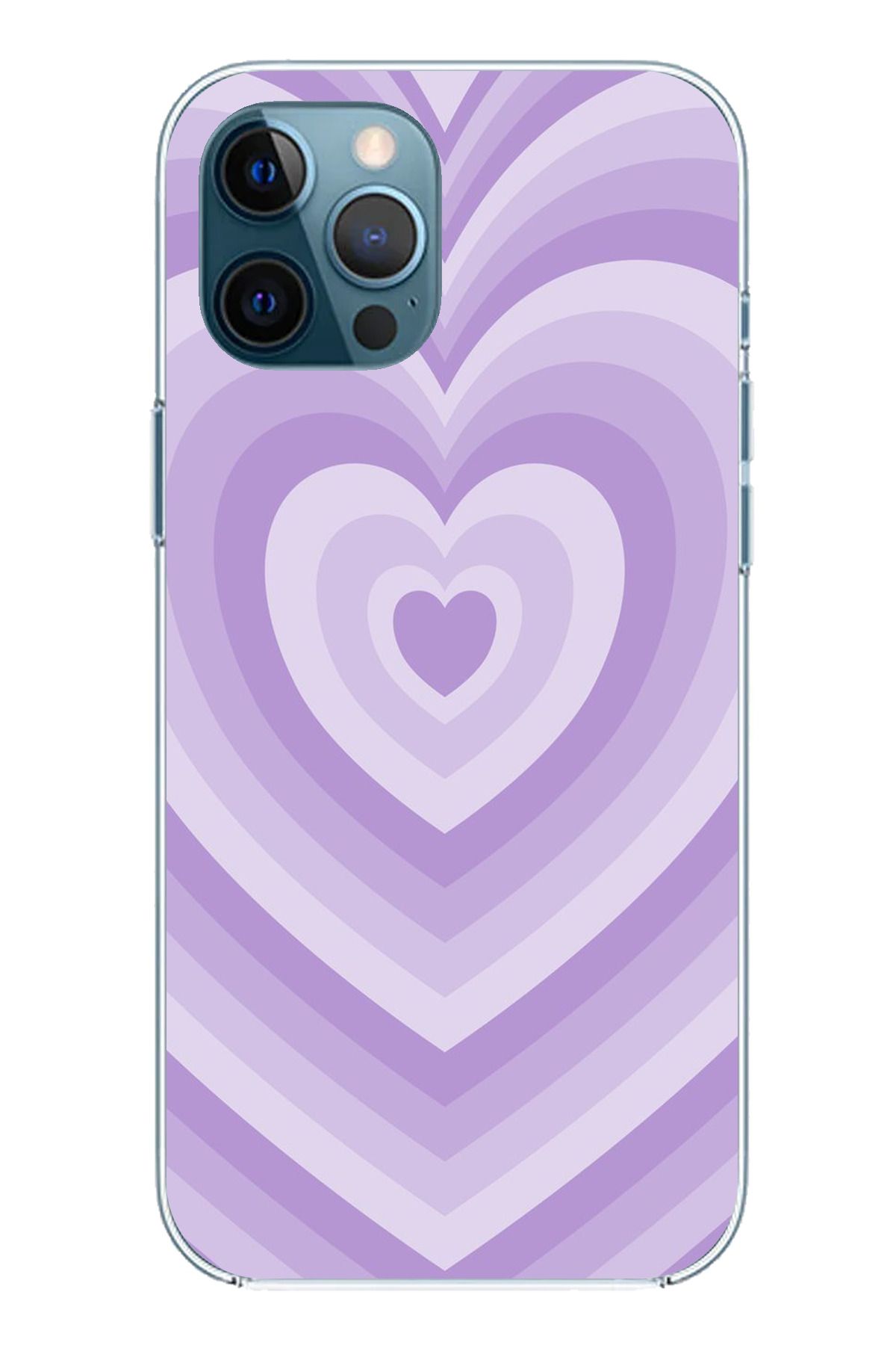 TechTree iPhone 12 Pro Max Uyumlu Mor Kalp Dalgalar Tasarımlı Şeffaf Silikon Kılıf