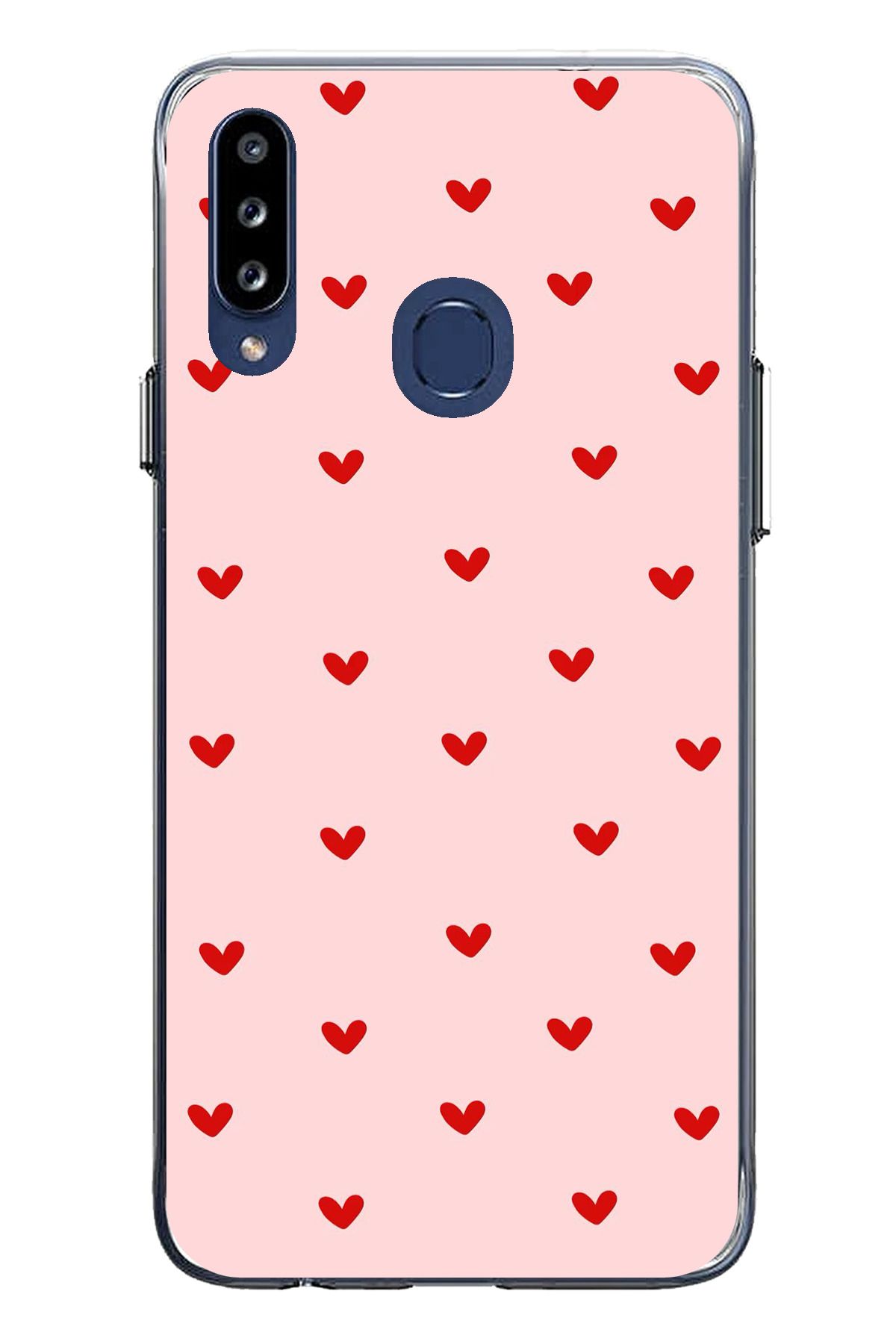 TechTree Samsung Galaxy A20S Uyumlu Kırmızı Minik Kalpler Şeffaf Silikon Kılıf