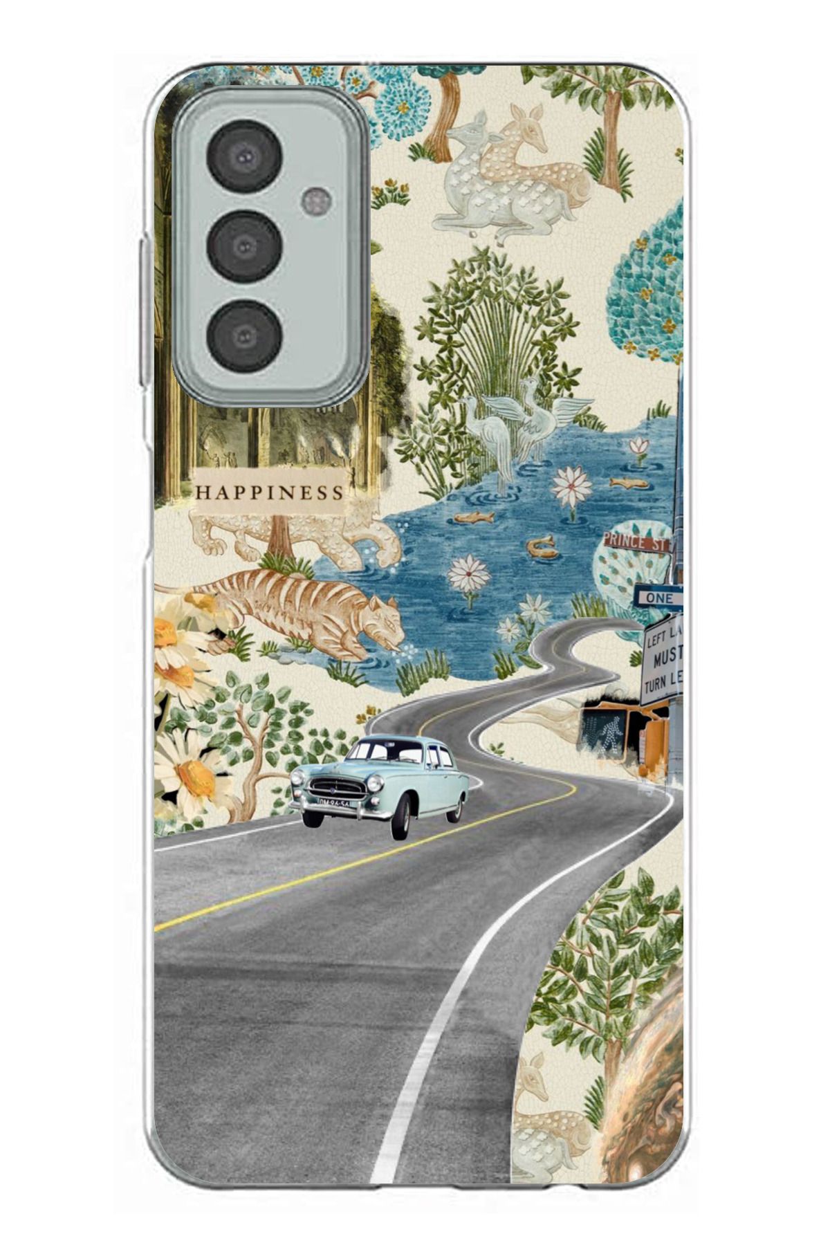 TechTree Samsung Galaxy M13 - M23 Uyumlu Yeşil Sanatsal Yol Çiçekler Şeffaf Silikon Kılıf