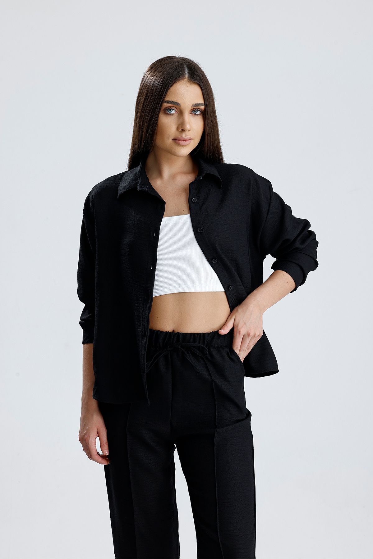 Sienza Kadın Oversize Alt Üst Takım – Gömlek ve Lastikli Pantolon İkili Set