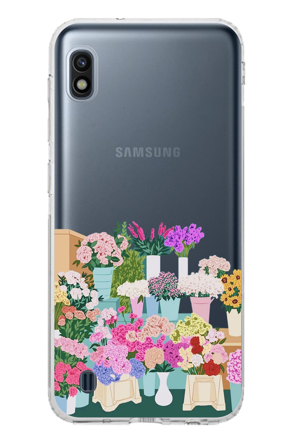 TechTree Samsung Galaxy A10 Uyumlu Vazoda Çiçekler Tasarımlı Şeffaf Silikon Kılıf