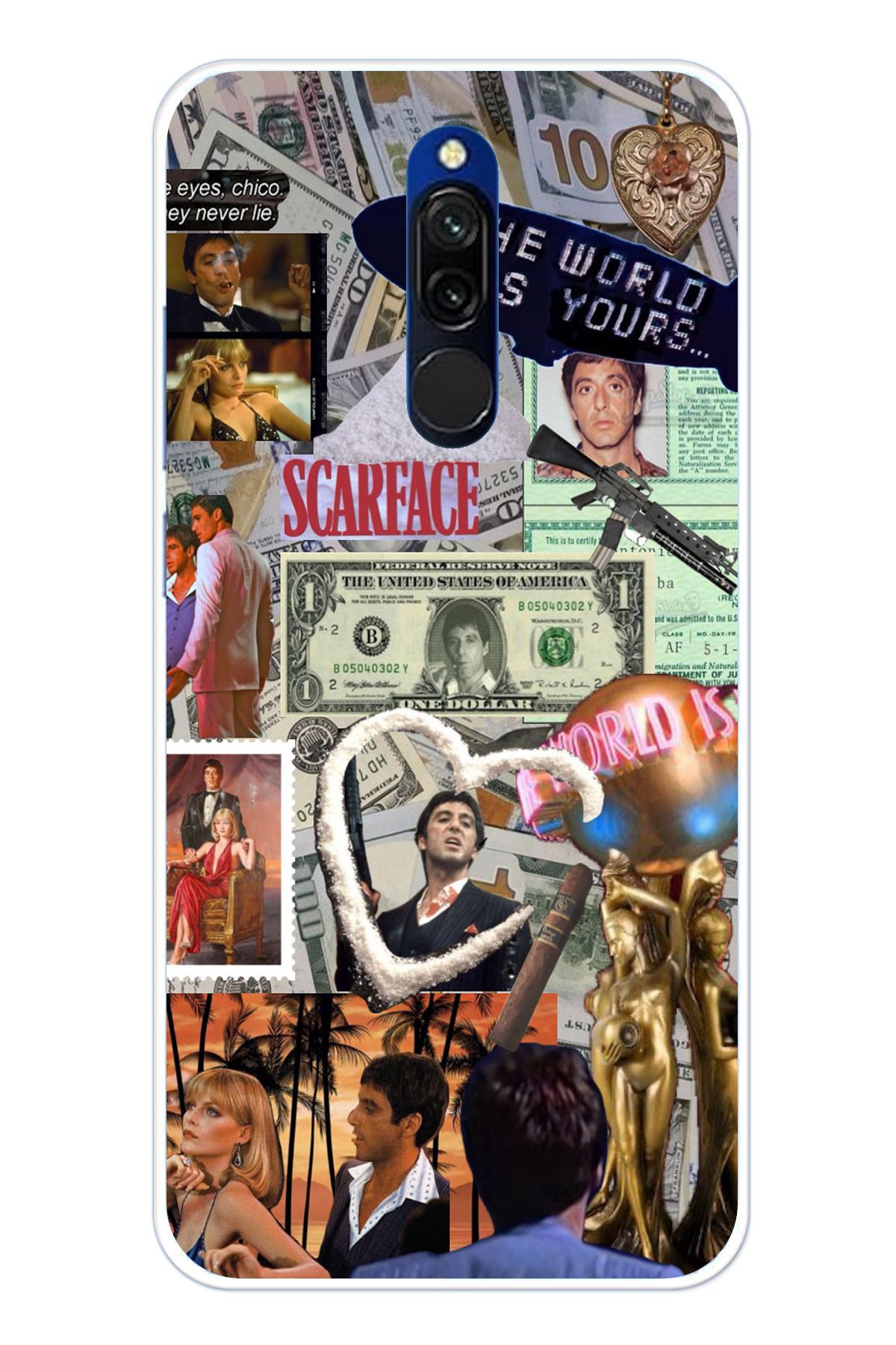 TechTree Redmi 8 Uyumlu Scarface Kolaj Tasarımlı Şeffaf Silikon Kılıf