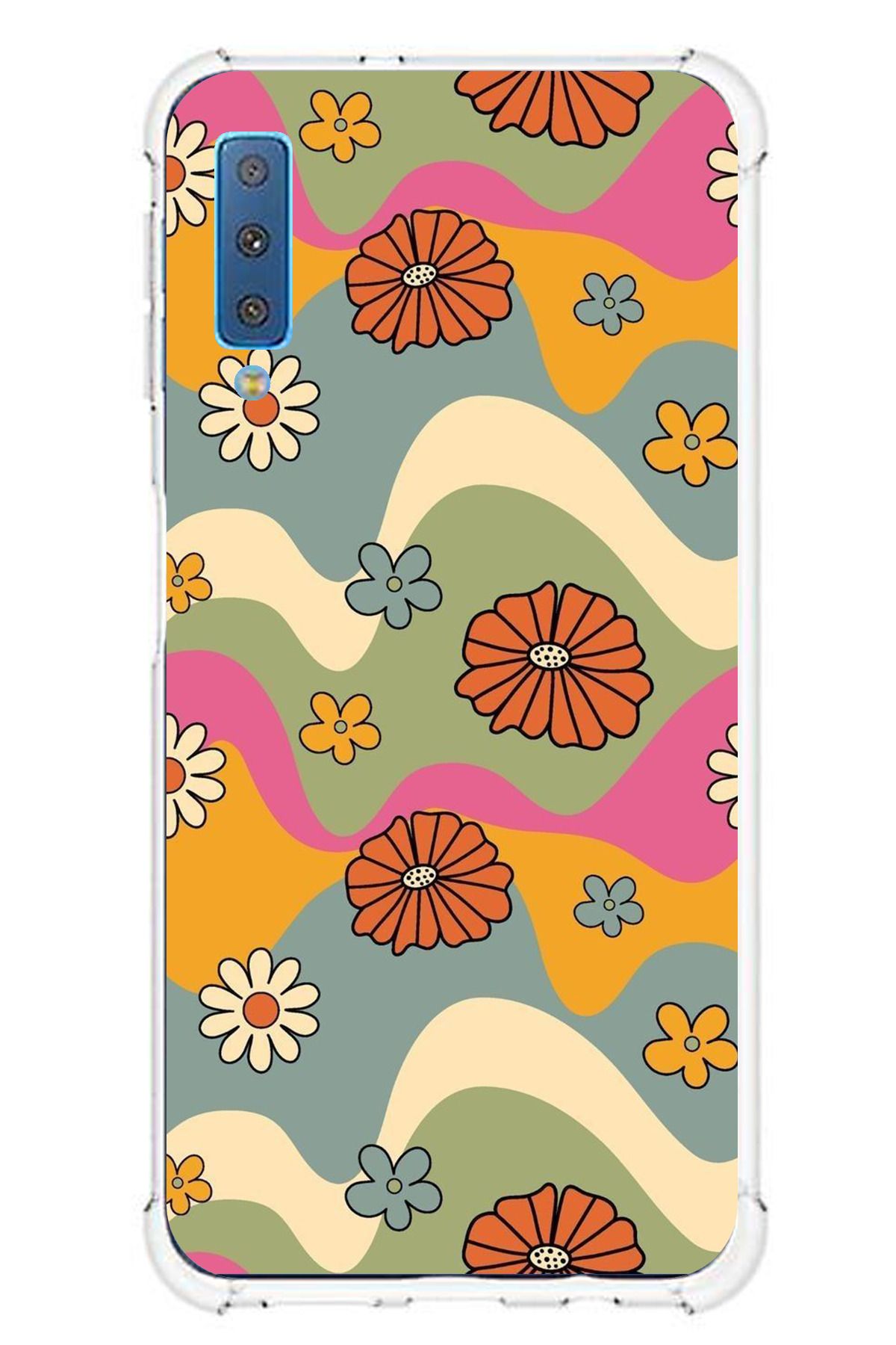 TechTree Samsung Galaxy A7 2018 Uyumlu Renkli Retro Çiçekler Tasarımlı Şeffaf Silikon Kılıf