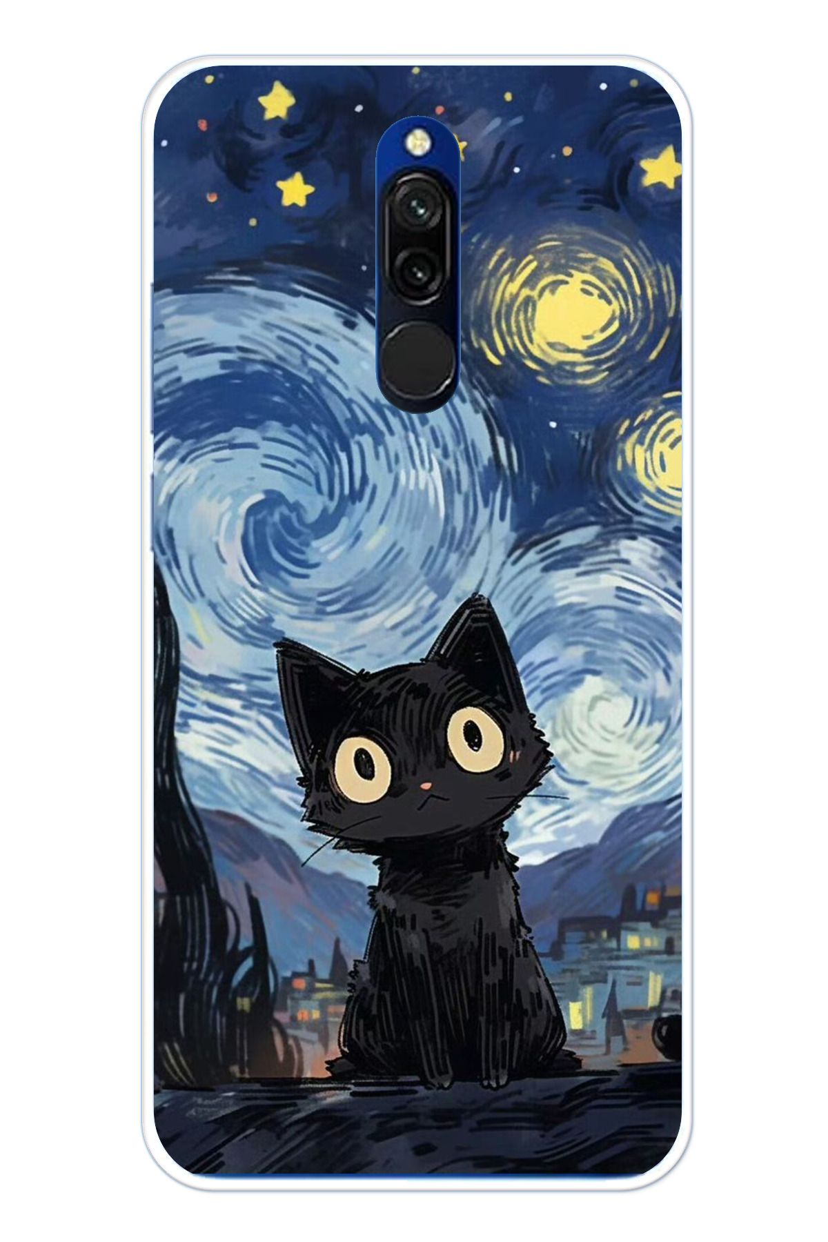 TechTree Redmi 8 Uyumlu Gece Yarısı Kedi Tasarımlı Şeffaf Silikon Kılıf