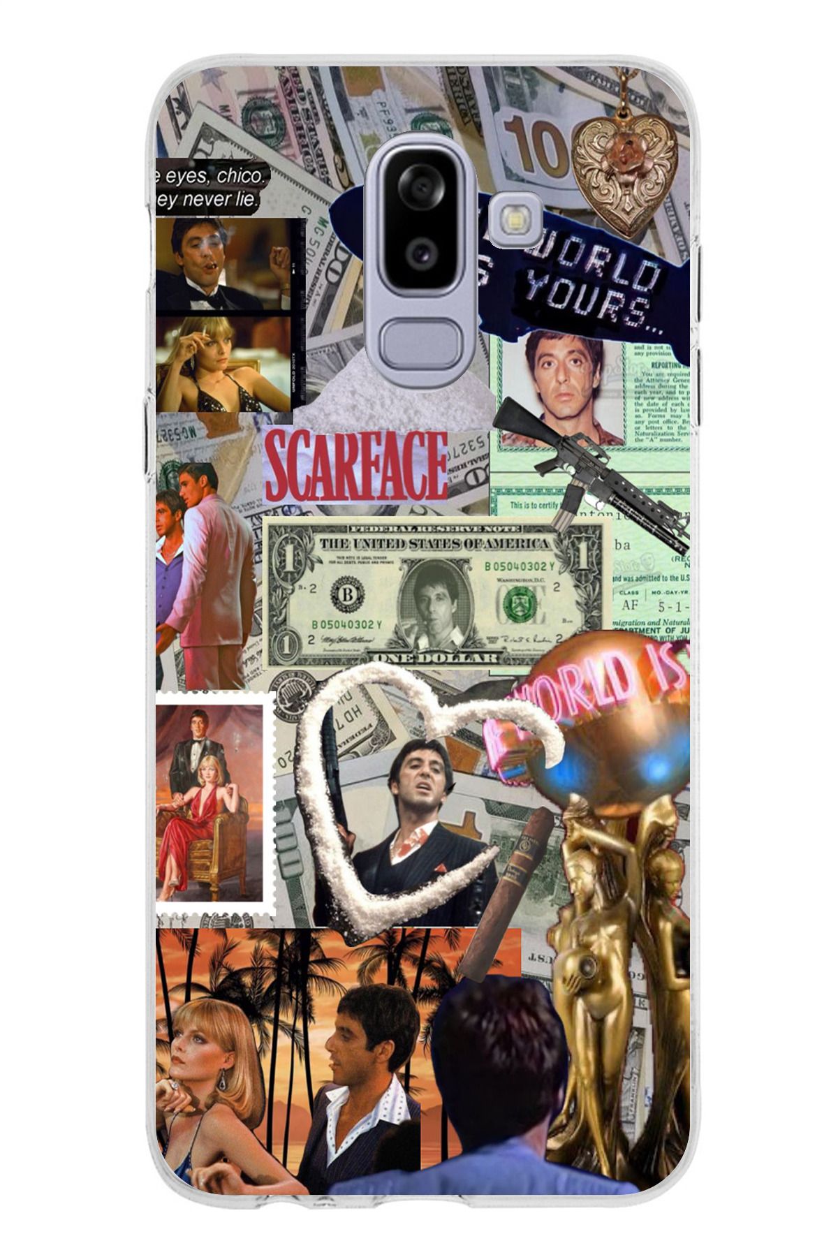 TechTree Samsung Galaxy J8 - A6 PLUS Uyumlu Scarface Kolaj Tasarımlı Şeffaf Silikon Kılıf