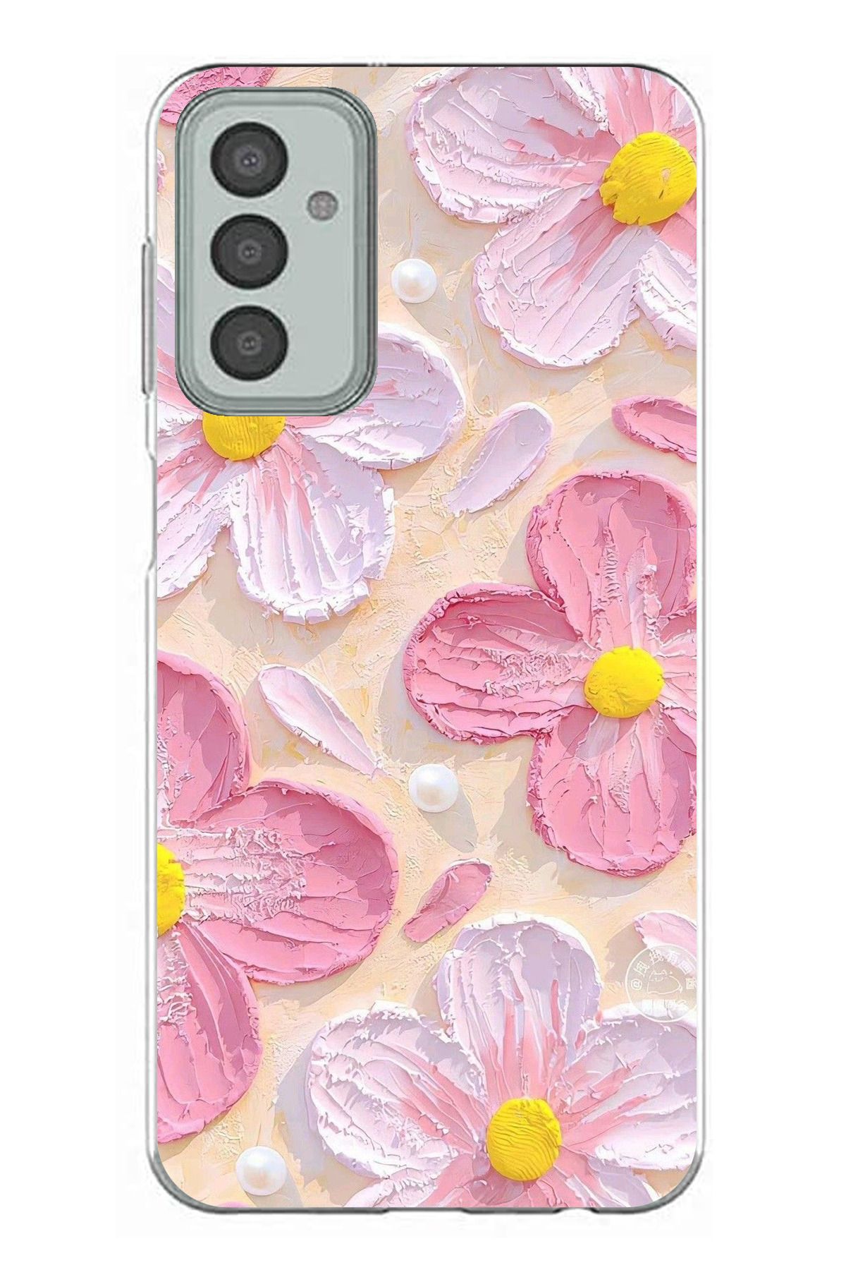 TechTree Samsung Galaxy M13 - M23 Uyumlu Pembe Beyaz Çiçekler Sulu Boya Şeffaf Silikon Kılıf