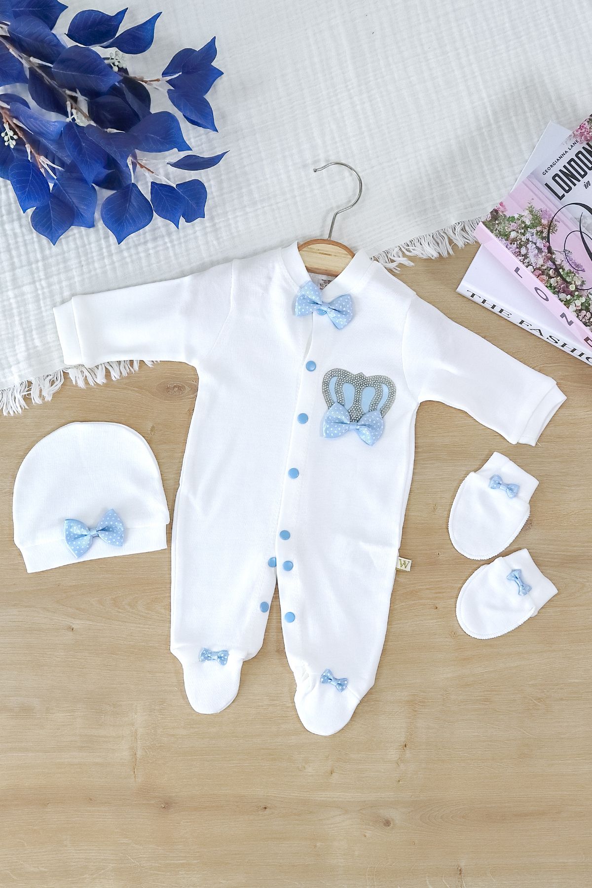 Sitilin Erkek Bebek Papyonlu Kral Taşlı Süslü Tulum Seti 0-3 Ay STL7016