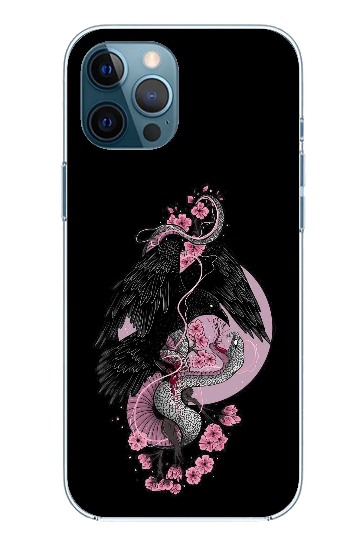 TechTree iPhone 12 Pro Max Uyumlu Pembe Siyah Yılan Şeffaf Silikon Kılıf
