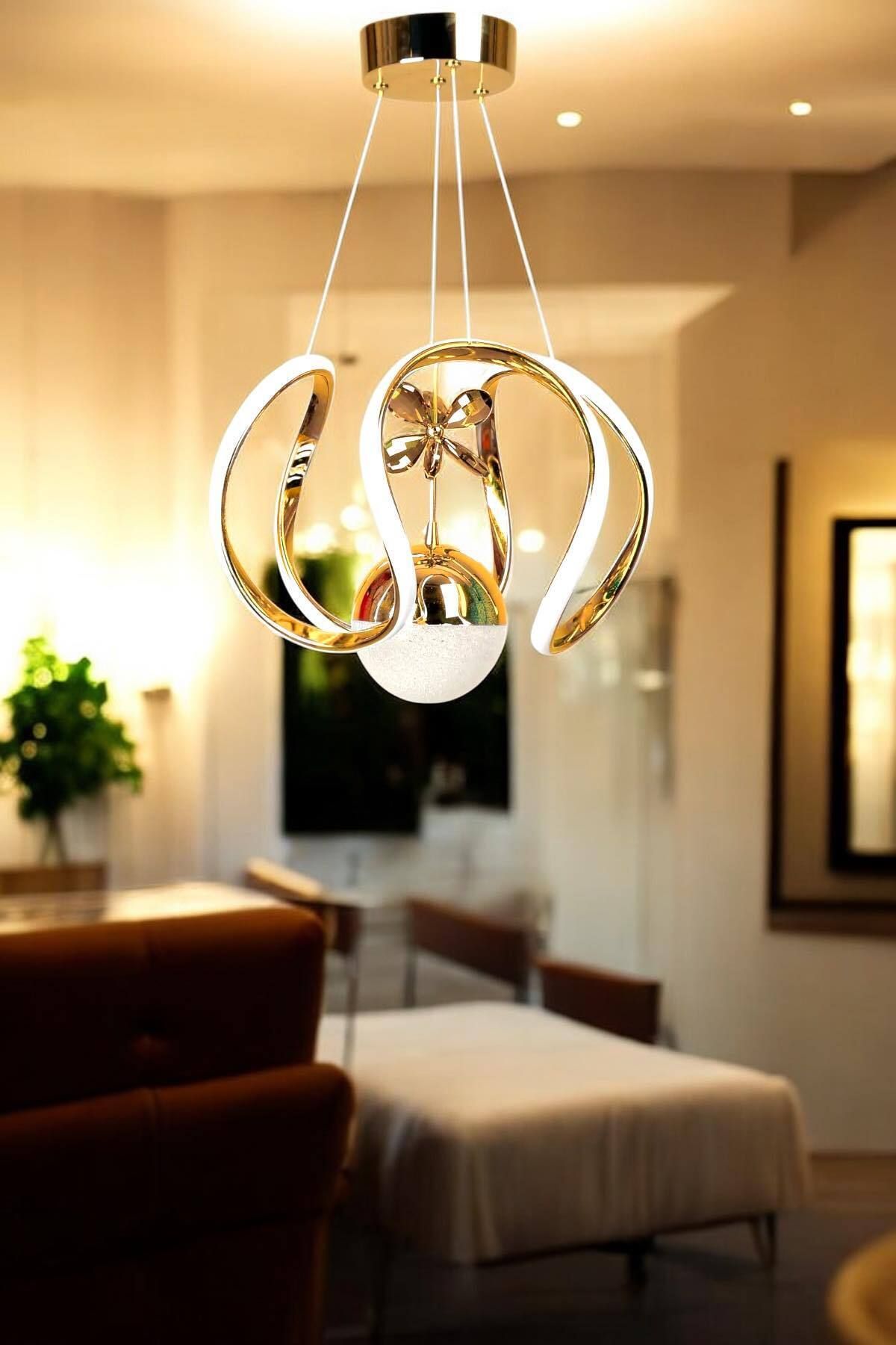 OSC HOME AYDINLATMA TASARIM sarı 3 Renkli Kelebekli Taçlı Salon Oturma Odası Led Avize