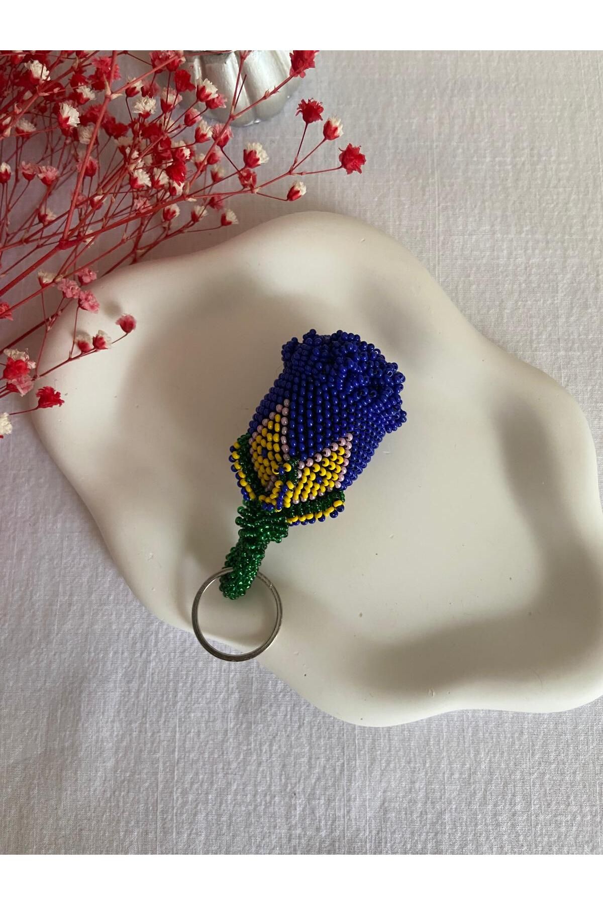 Handmade KUM BONCUK EL İŞİ SARI LACİVERT BÜYÜK BOY GÜL ANAHTARLIK