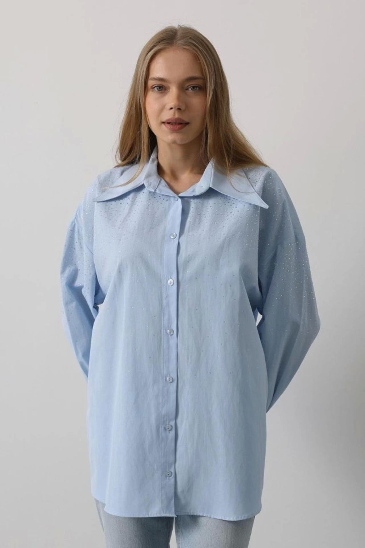 Butik Taşlı Sivri Yaka Gömlek - Bebe Mavisi