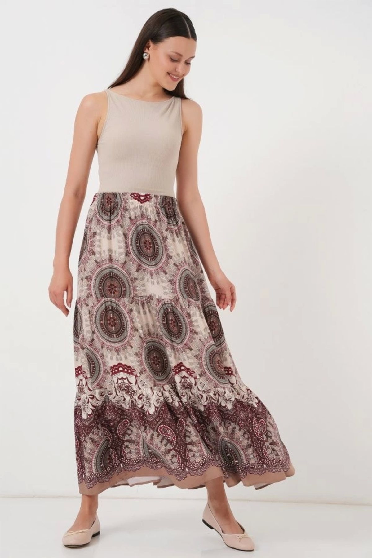 Butik 1898 Desenli Uzun Etek - Kahverengi