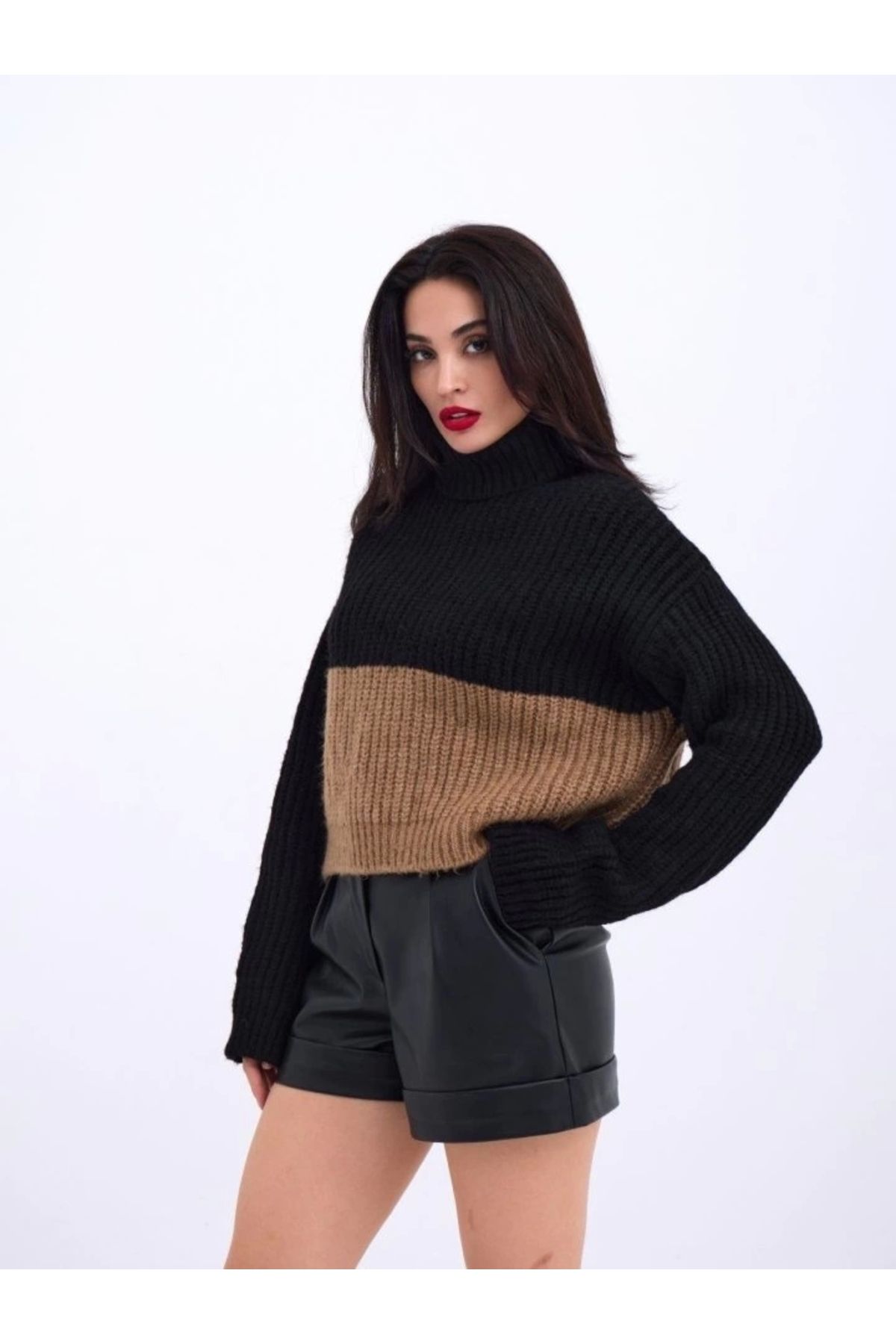 Butik 3904 TRİKO BALIKÇI ÇİZGİLİ KAZAK-SİYAH-VİZON
