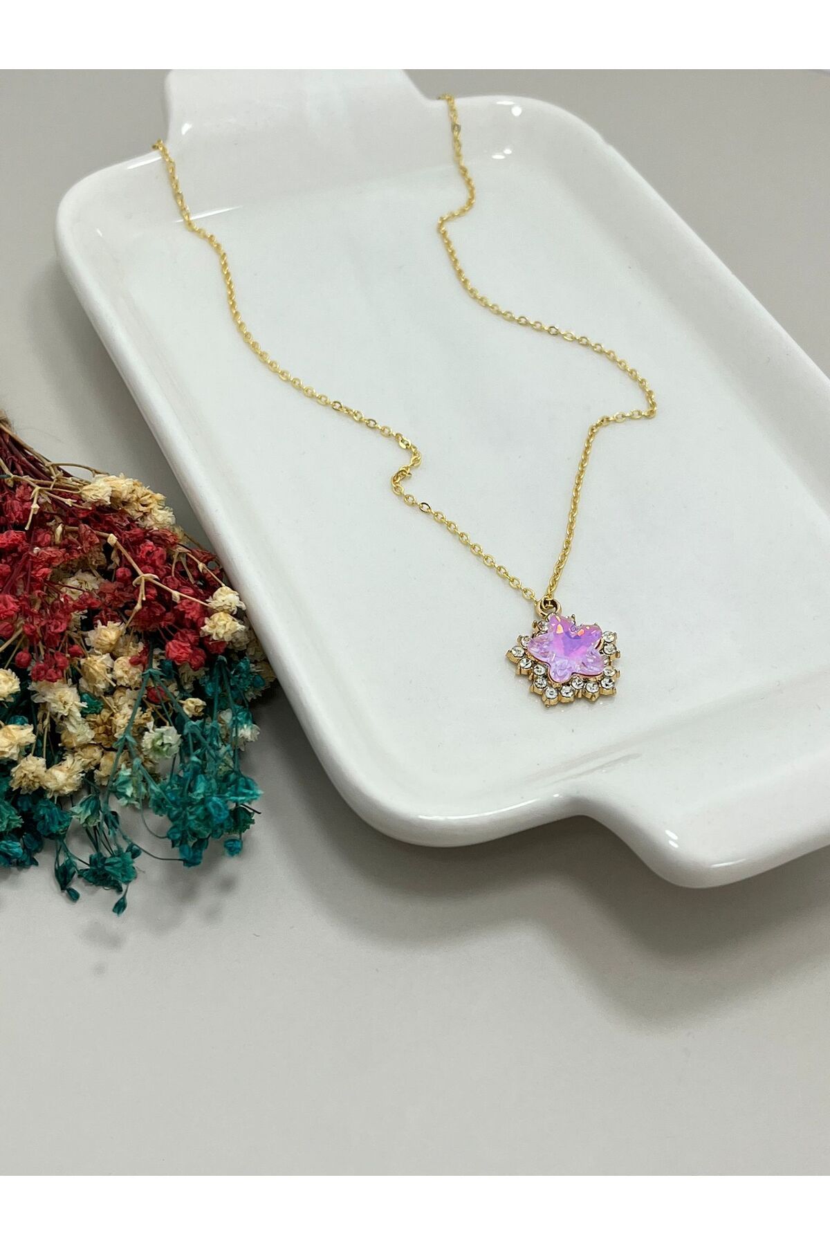 ABLENZED Zirkon Detaylı Pembe Yıldız Altın Rengi Kadın Kolye