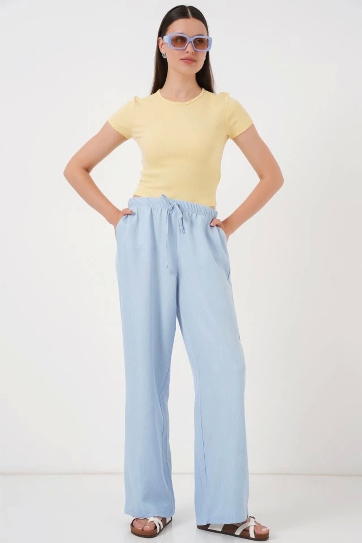 Butik Geniş Paça Keten Pantolon 6735 - Mavi
