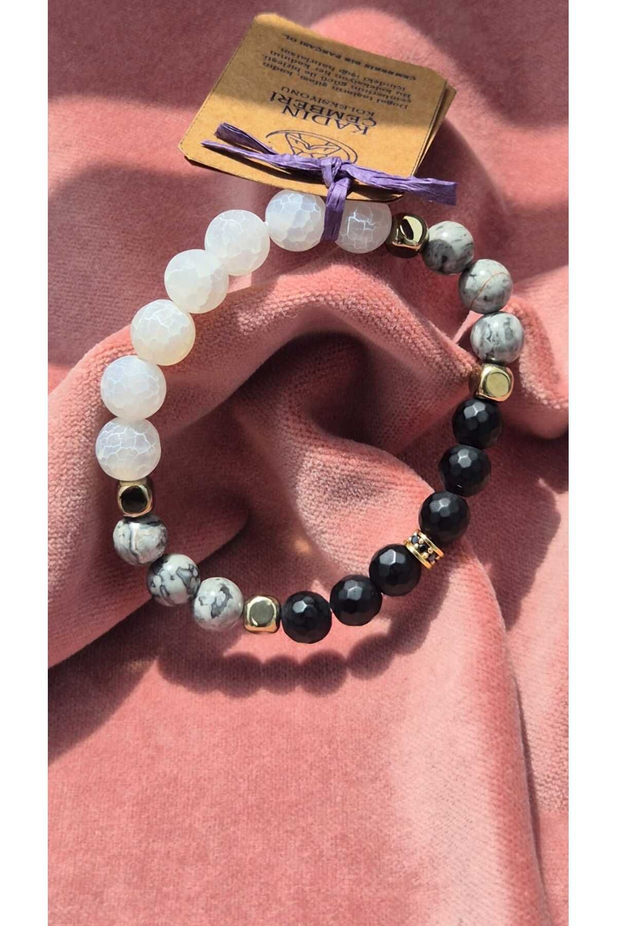 Accessories Vanilla Avenue Handmade Doğal Taş Yengeç Akik Hematit Gri Jasper Oniks Kadın Bileklik