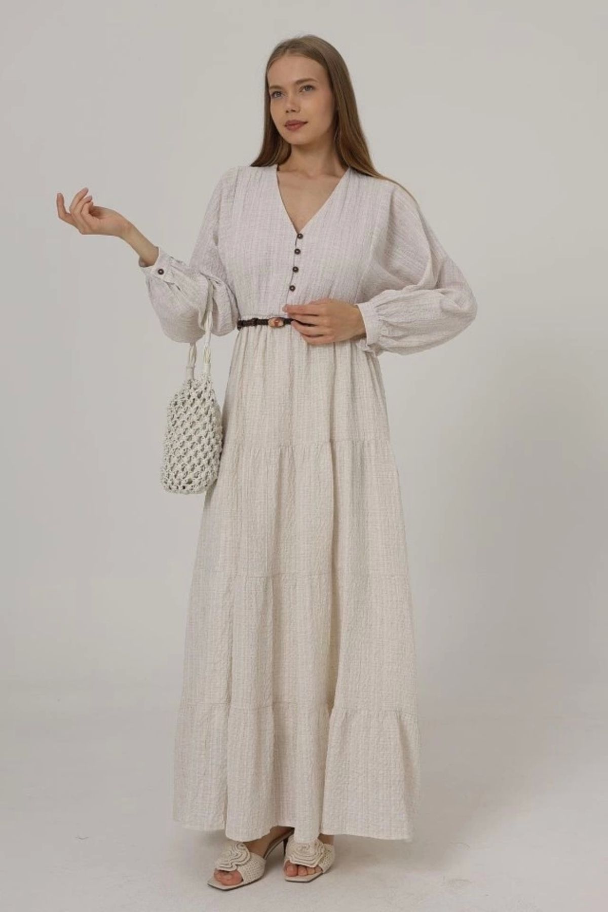 Butik Önü Yarım Düğmeli Uzun Kol Kemerli Elbise - Natür