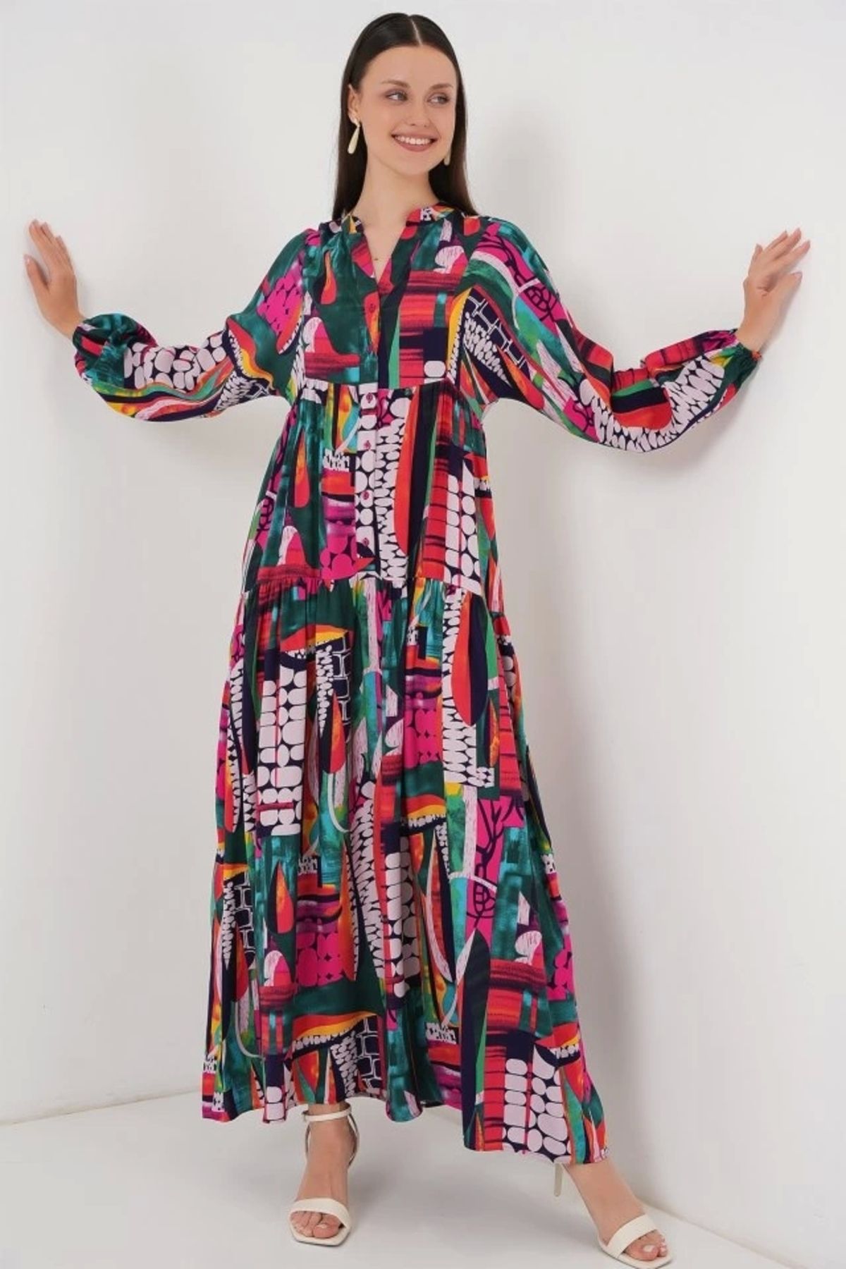 Butik 2423 Otantik Desenli Tesettür Elbise - ÇOK RENKLİ 2