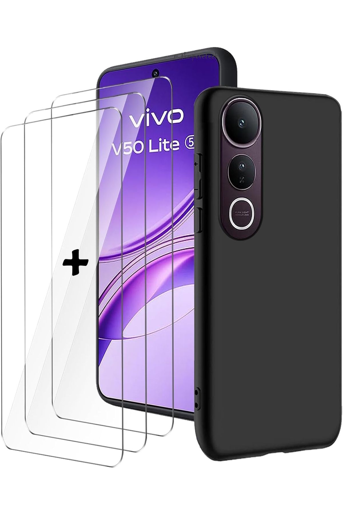 m.tk moveteck Vivo V50 Lite 4G Kılıf Kamera Korumalı Yumuşak Renkli Mat Silikon + 9H Ekran Koruyucu Cam 2in1 Set