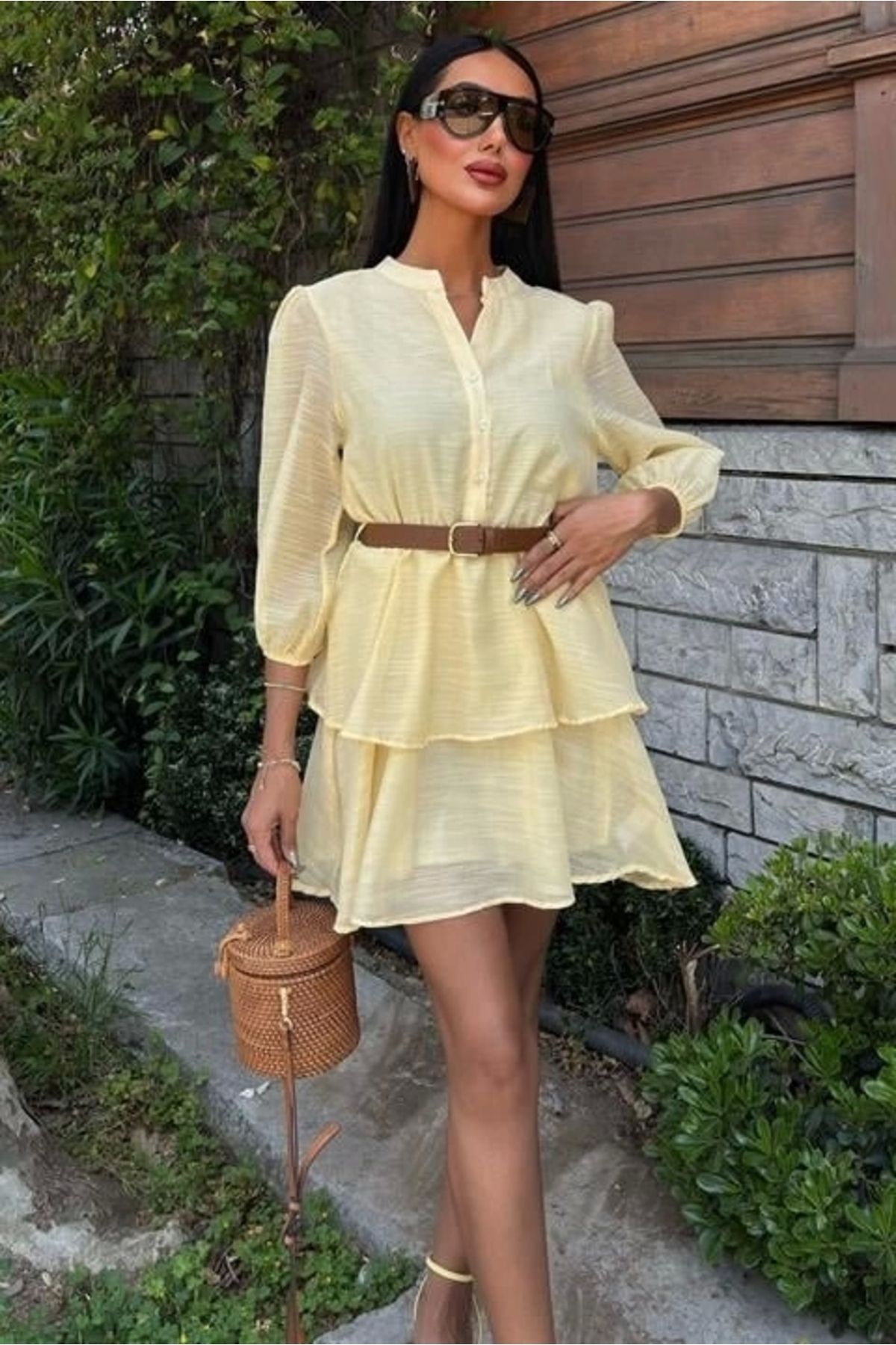 Butik Deri Kemerli Fırfırlı Elbise 2901