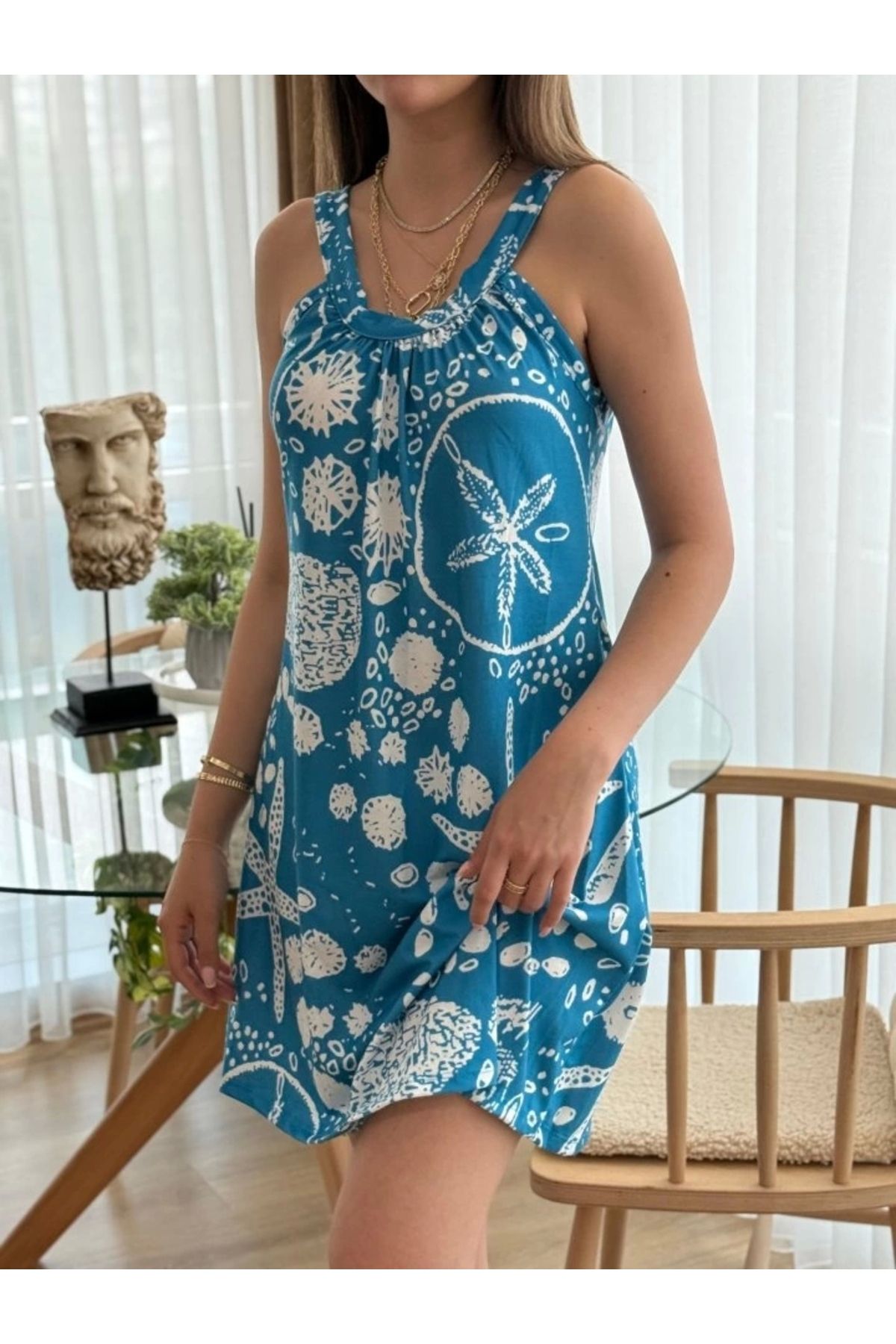 Butik Kadın Askılı Deniz Yıldızı Desenli Süprem Elbise