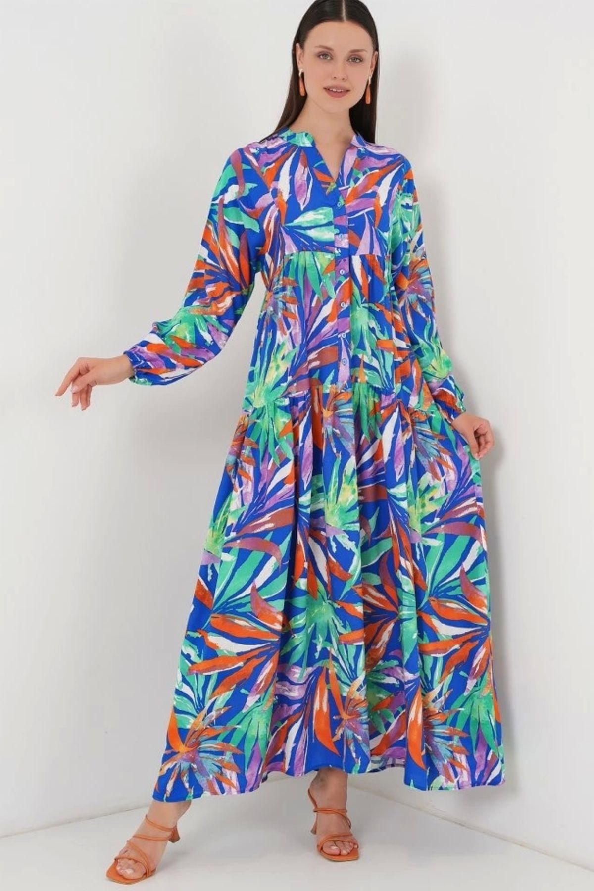 Butik 2423 Otantik Desenli Tesettür Elbise - Lacivert 10