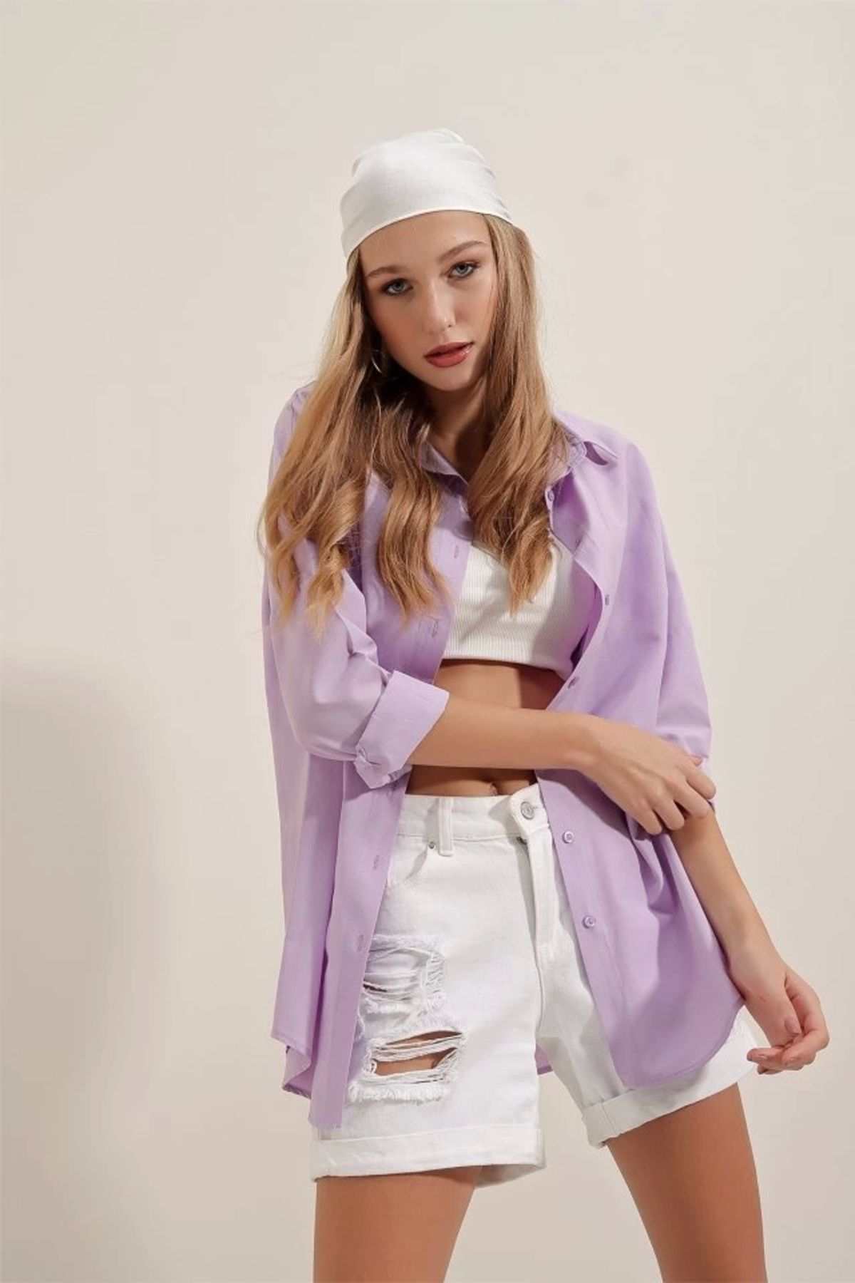 Butik 3900 Oversize Uzun Basic Gömlek - Lila