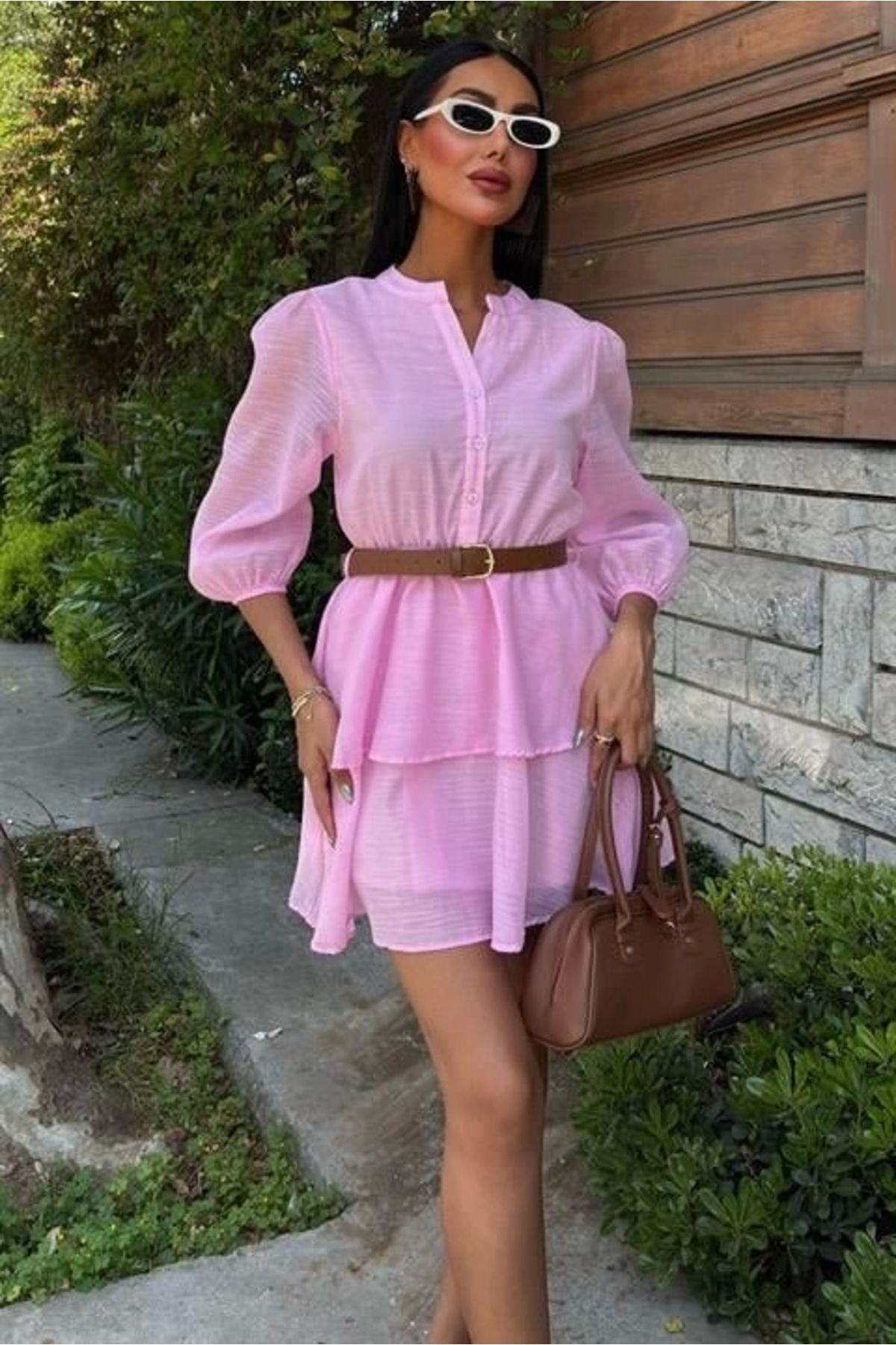 Butik Deri Kemerli Fırfırlı Elbise 2901