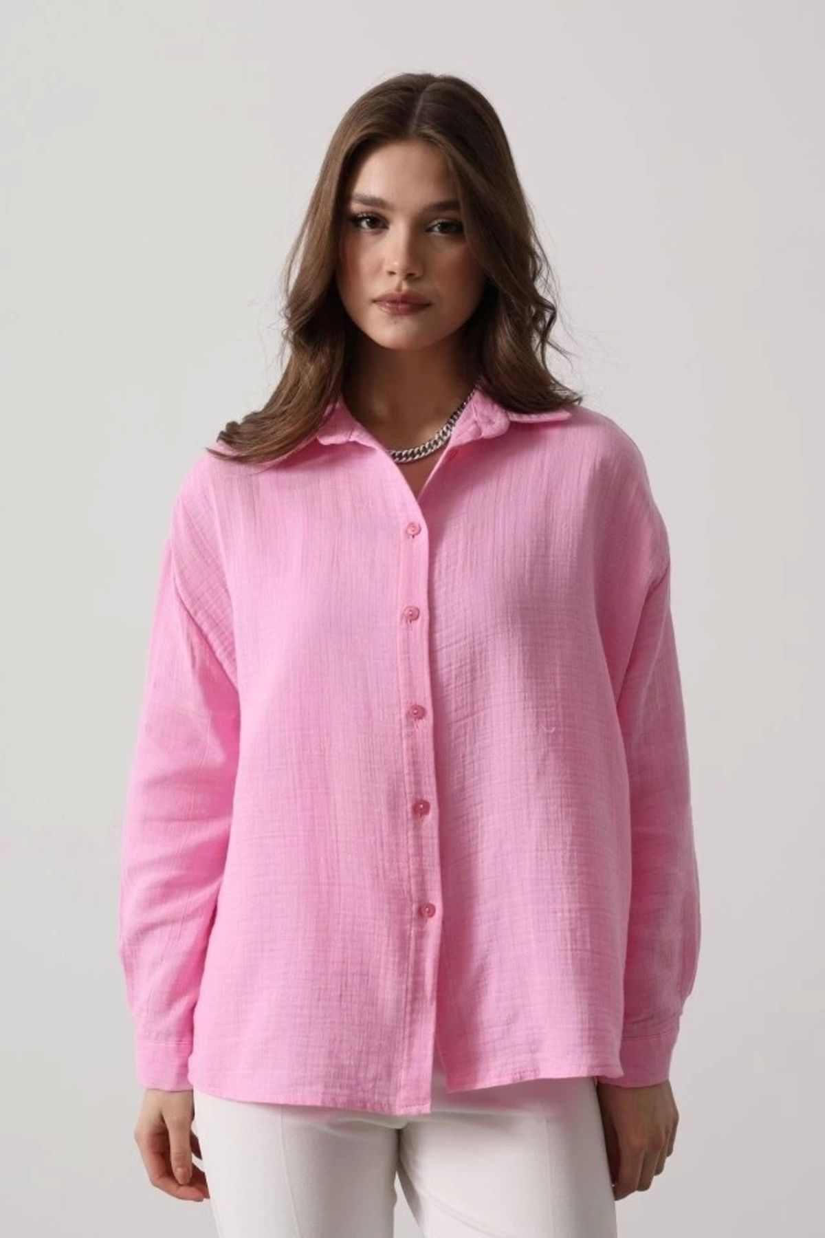 Butik Müslin Uzun Kol Gömlek - Şeker Pembe
